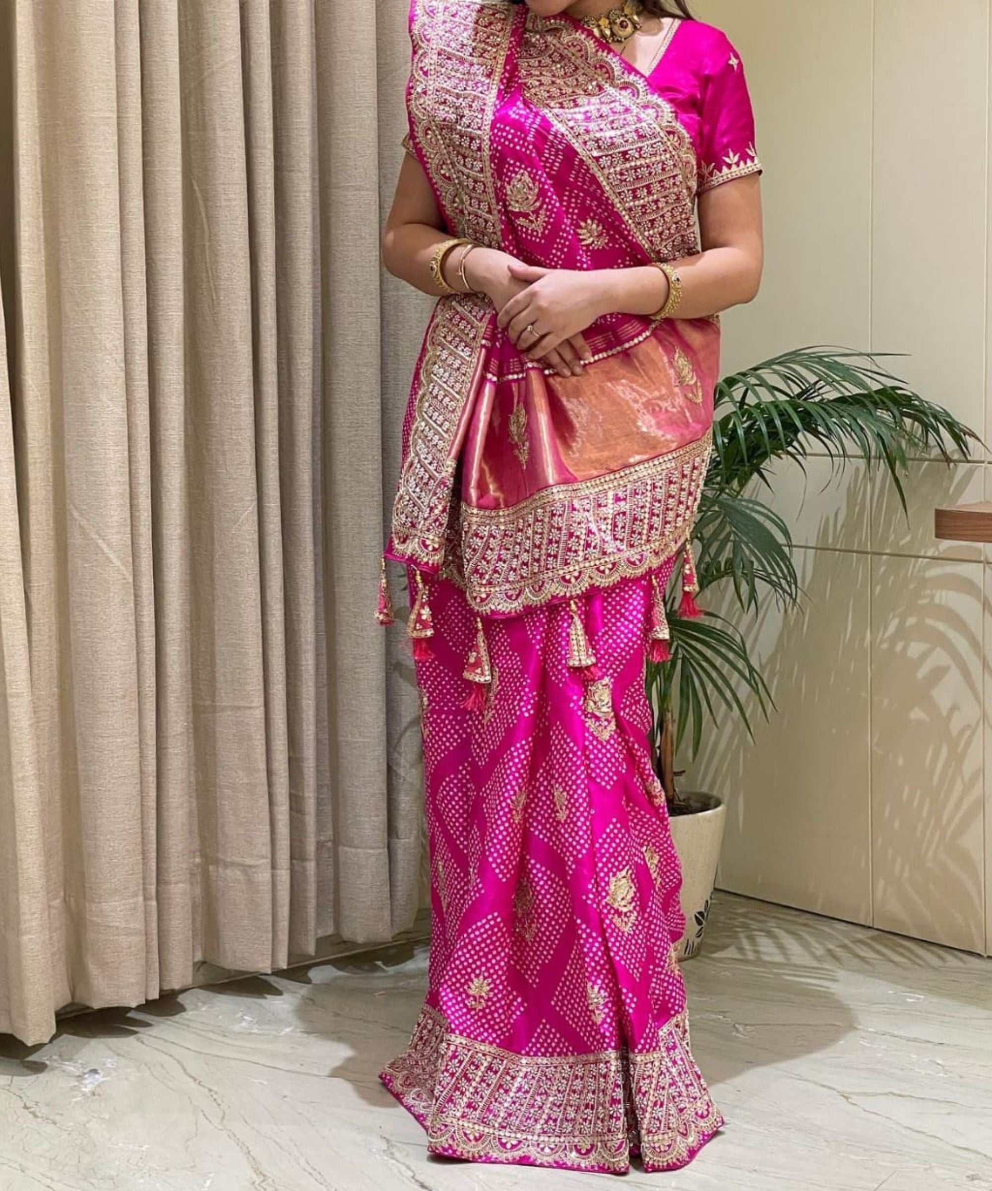 Nora Fatehi Saree in Rani Pink