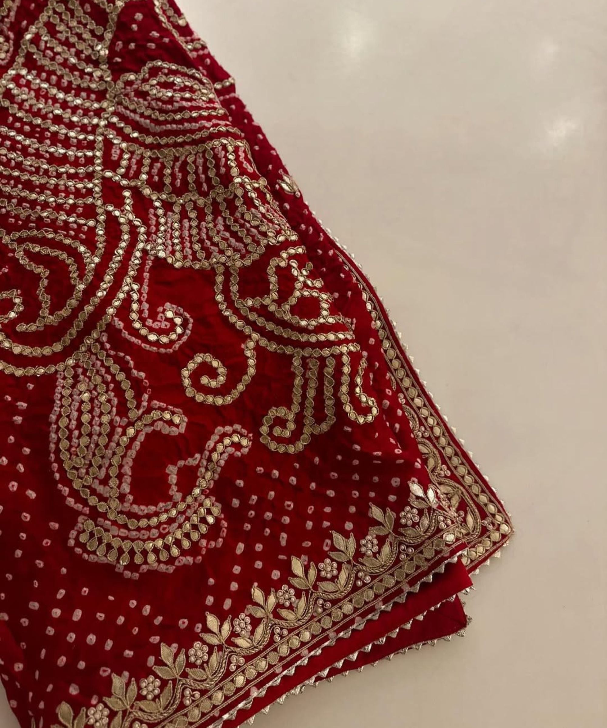 Red Bandhej Pure Gajji Silk Dupatta with Jaipuri Gota Patti Work