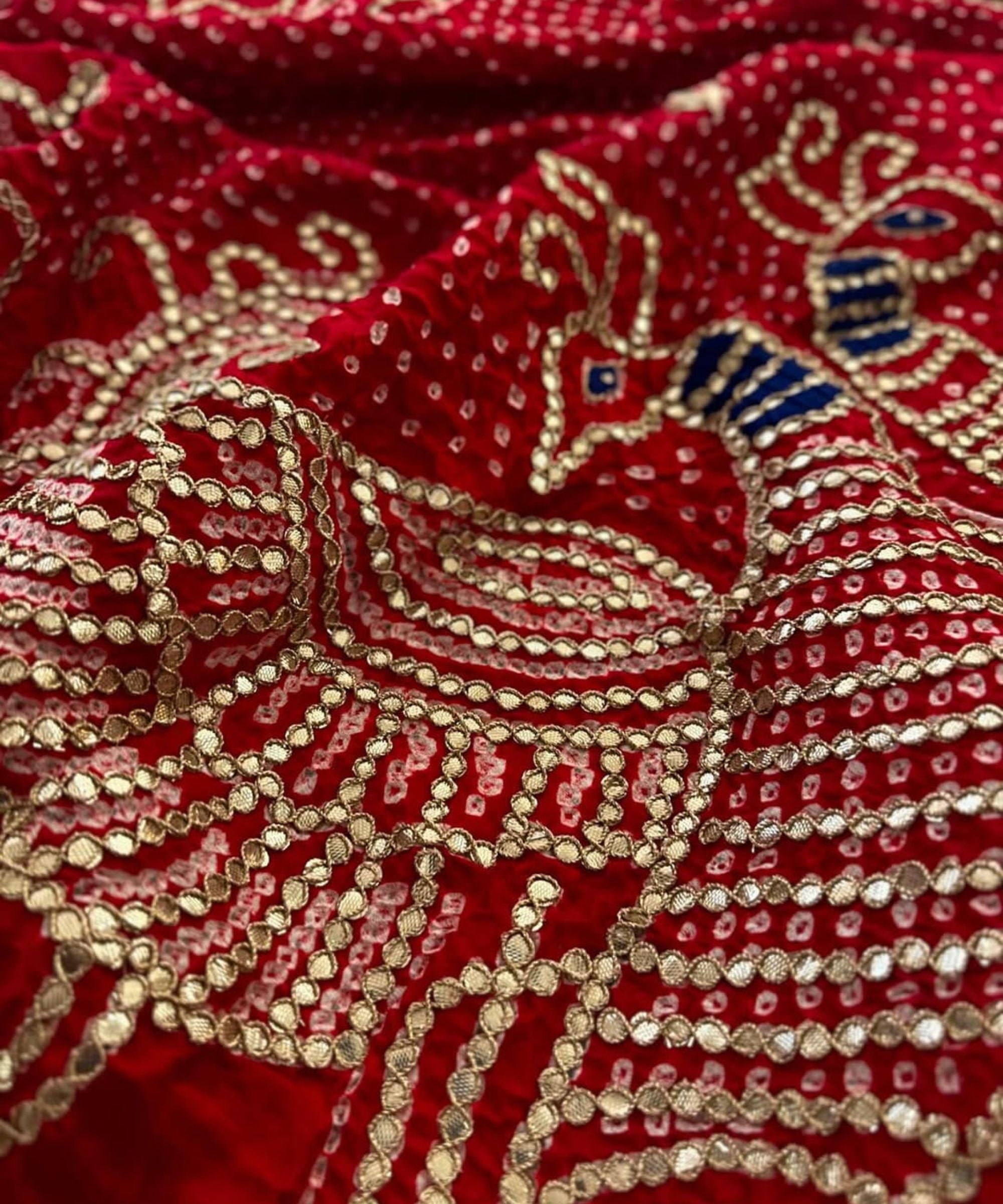 Red Bandhej Pure Gajji Silk Dupatta with Jaipuri Gota Patti Work