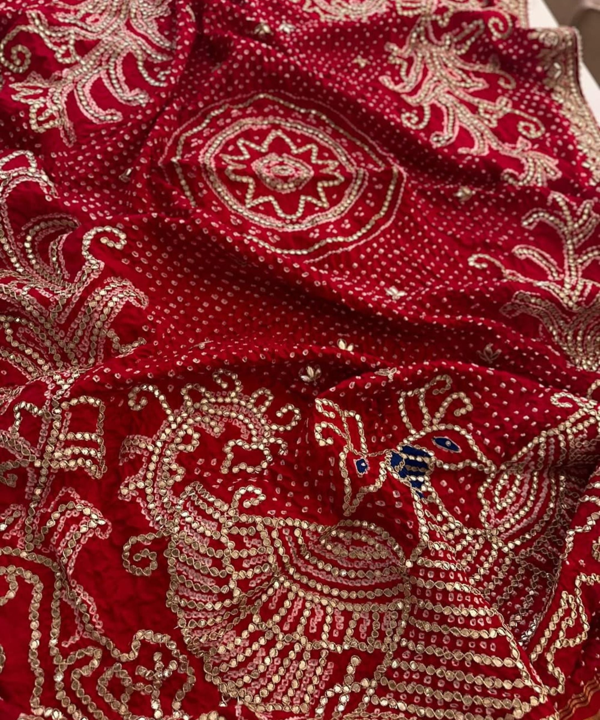 Red Bandhej Pure Gajji Silk Dupatta with Jaipuri Gota Patti Work