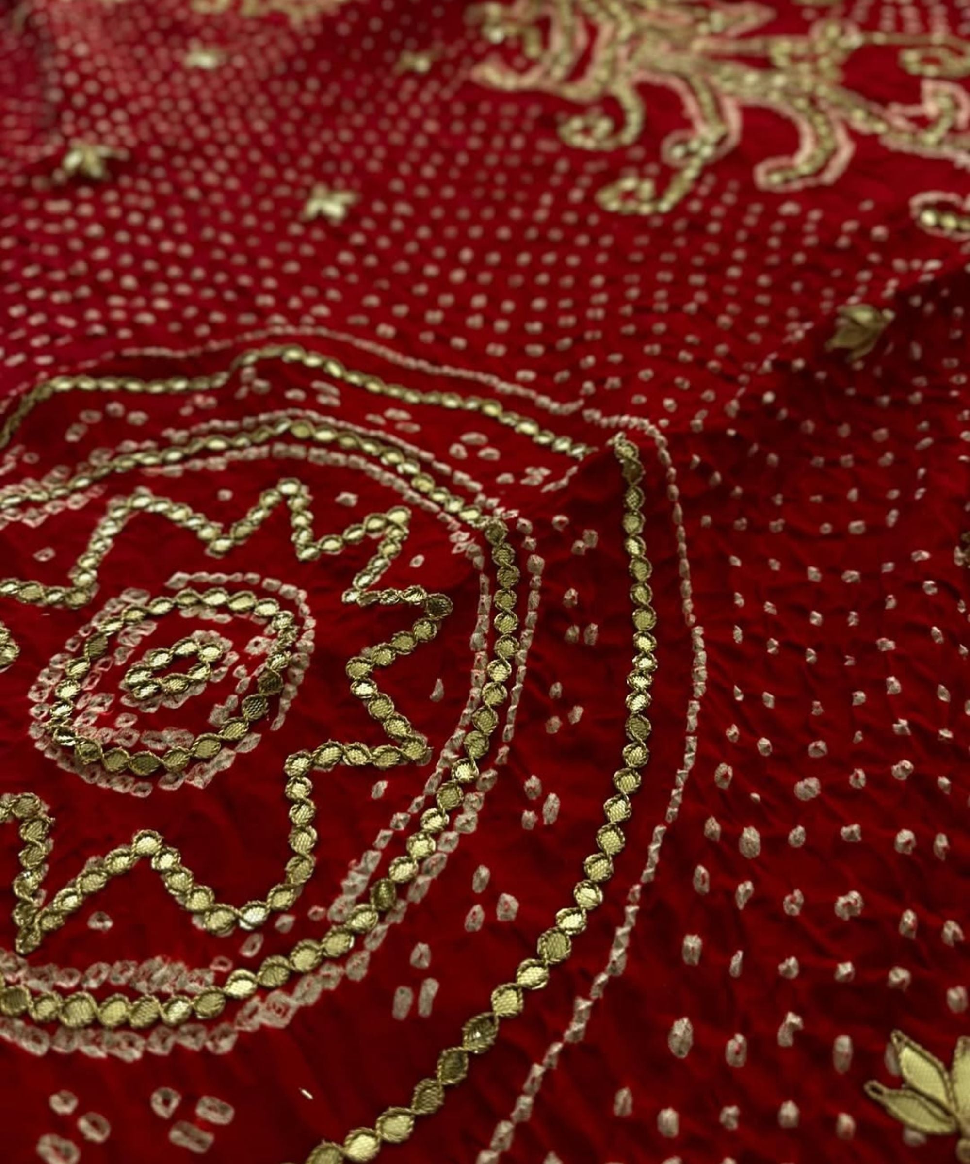 Red Bandhej Pure Gajji Silk Dupatta with Jaipuri Gota Patti Work