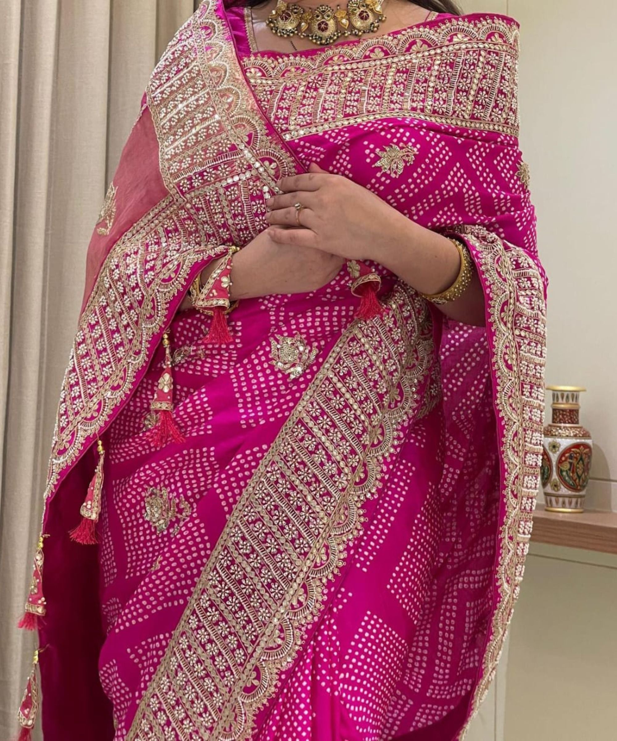 Nora Fatehi Saree in Rani Pink