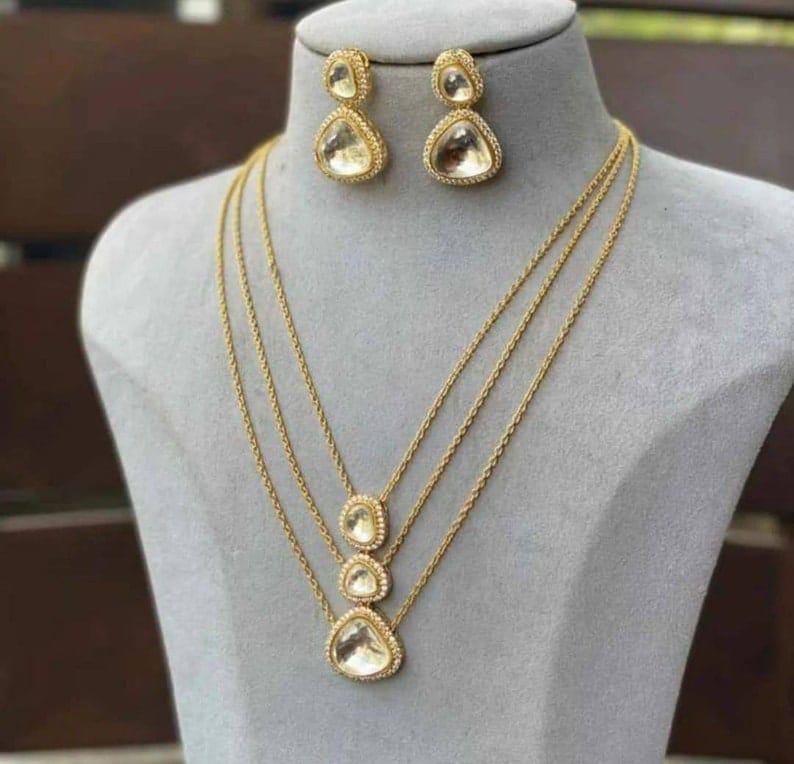High quality gold plated 3 layer uncut kundan necklace set with earrings/ long necklace set