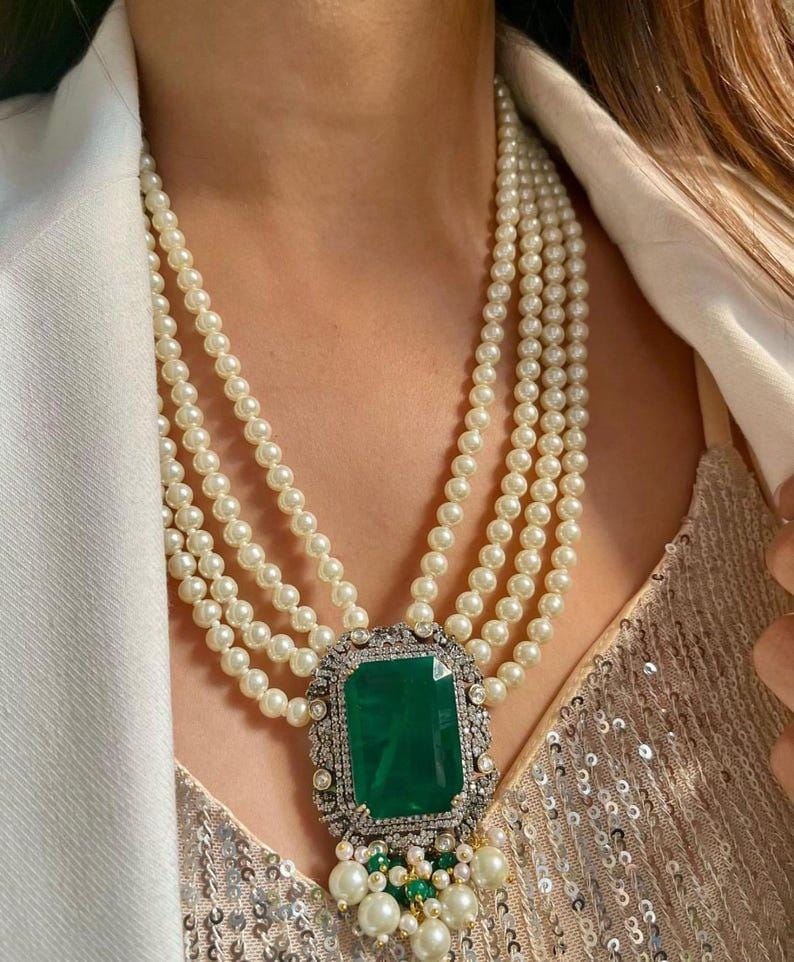 Premium Long Multilayered Victorian Emerald Green Pearl White Pendant Necklace Set With Stud Earrings Sabysachi Jewelry set