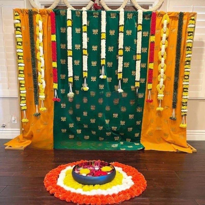 Green white yellow cloth garlands backdrop set for housewarming decor/ mandir decor