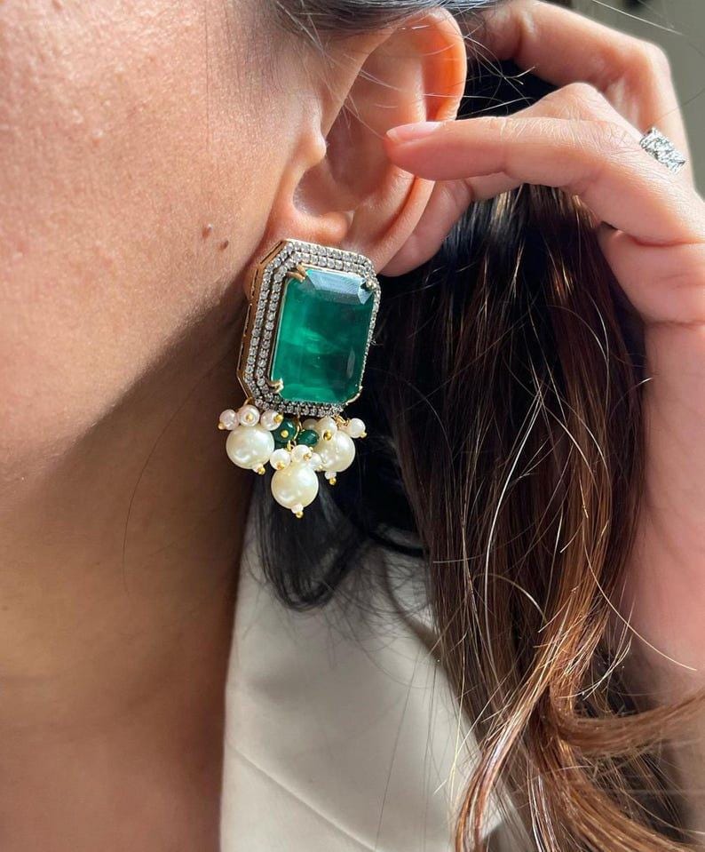 Premium Long Multilayered Victorian Emerald Green Pearl White Pendant Necklace Set With Stud Earrings Sabysachi Jewelry set