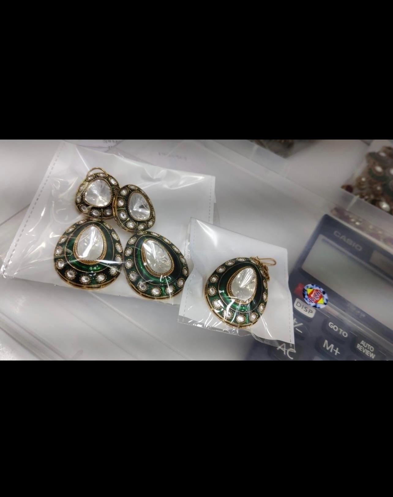 Royal Gold Plated Sabysachi Inspired Moissanite Faux Kundan Green Meenakari Necklace With Long Earrings  Indian Pakistani  Wedding Jewelry