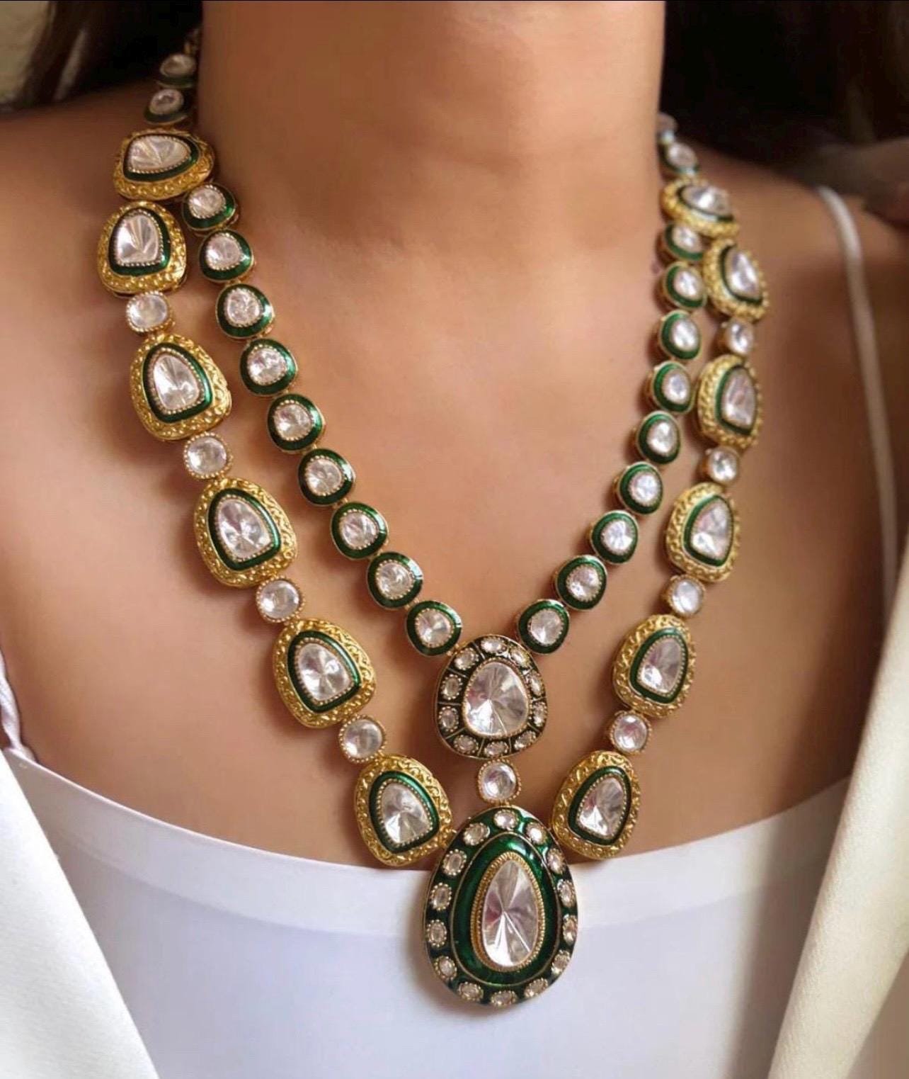 Royal Gold Plated Sabysachi Inspired Moissanite Faux Kundan Green Meenakari Necklace With Long Earrings  Indian Pakistani  Wedding Jewelry