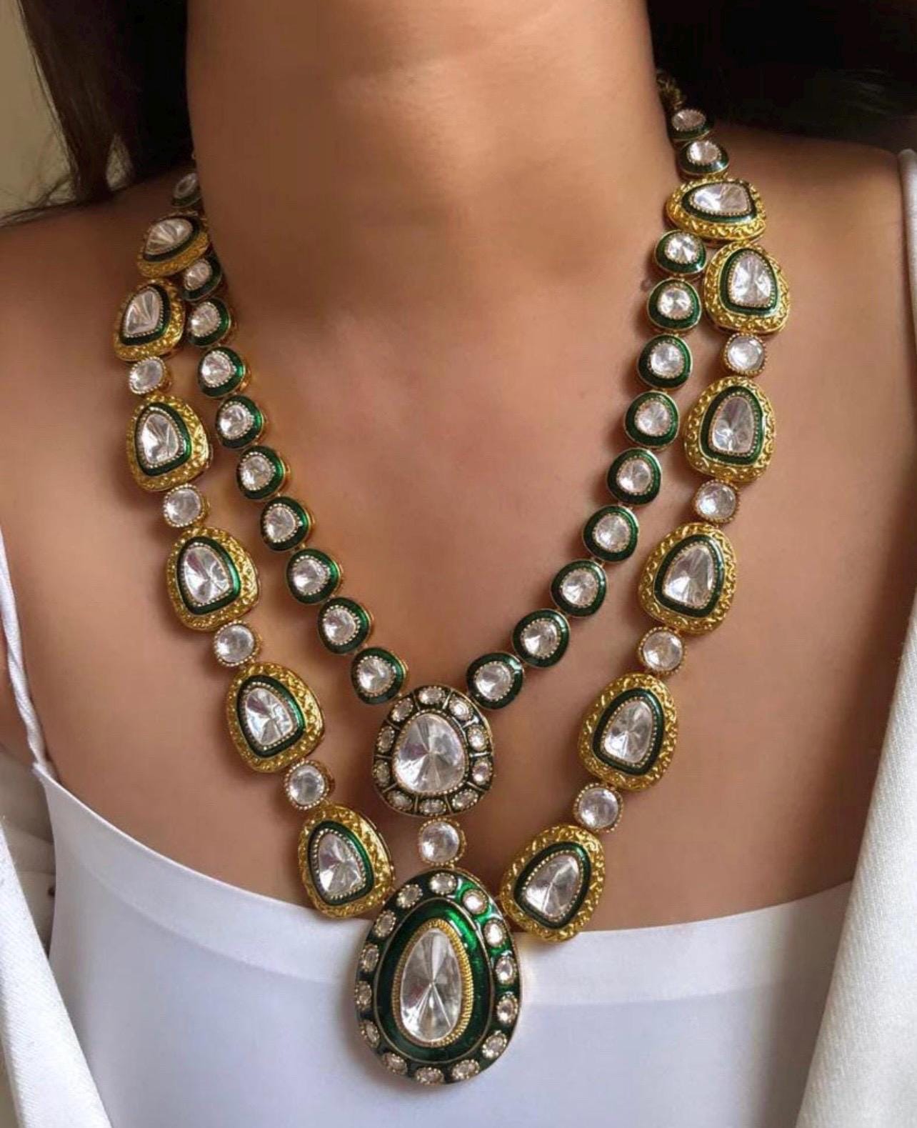 Royal Gold Plated Sabysachi Inspired Moissanite Faux Kundan Green Meenakari Necklace With Long Earrings  Indian Pakistani  Wedding Jewelry