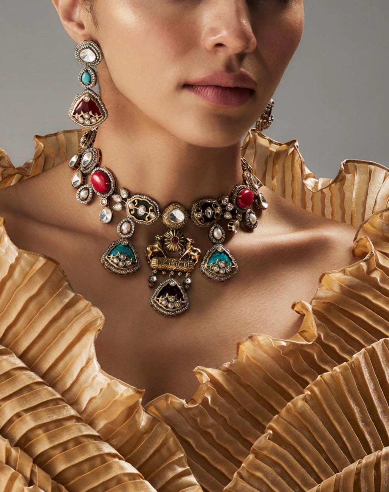 Premium Amrapali Inspired Victorian Gold Multi color Uncut Faux Polki Kundan Necklace With Earrings Indian Pakistani Designer Jewelry OOAK