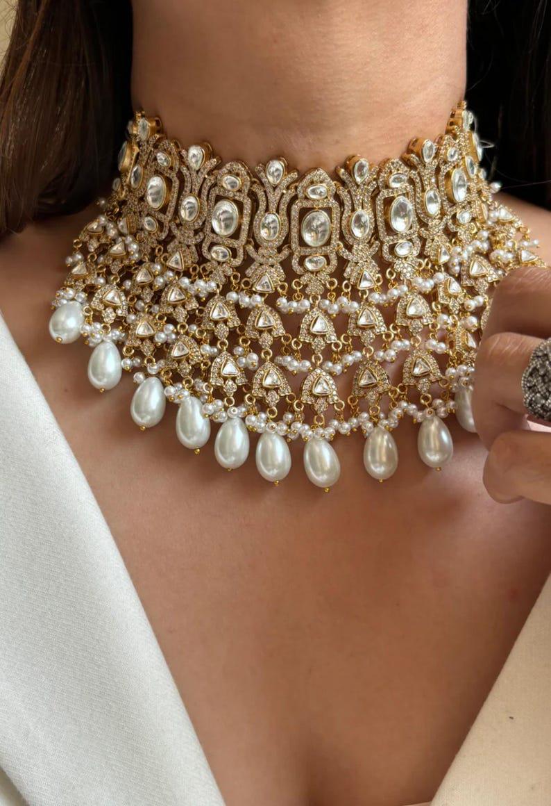 Bridal Gold Pearl zirconia Fine Kundan Gold Plated Necklace Set/ Indian Pakistani Wedding Set/Gold fine kundan bridal jewelry/ ad jewelry
