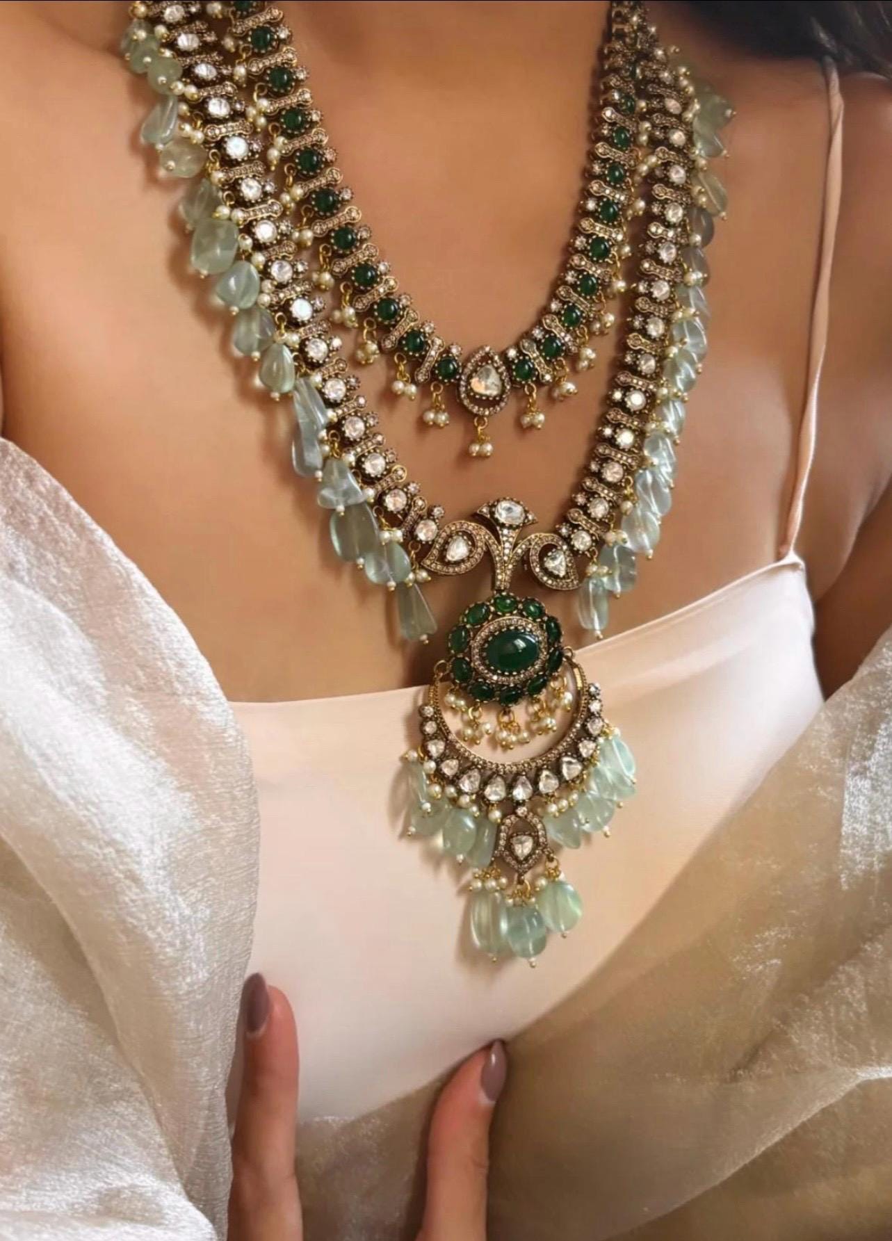 Royal Sabyasachi Inspired Ruby Red Emerald Green Two Layered Pendant Necklace With Earrings, Indian Pakistani Punjabi Wedding Jewelry Set