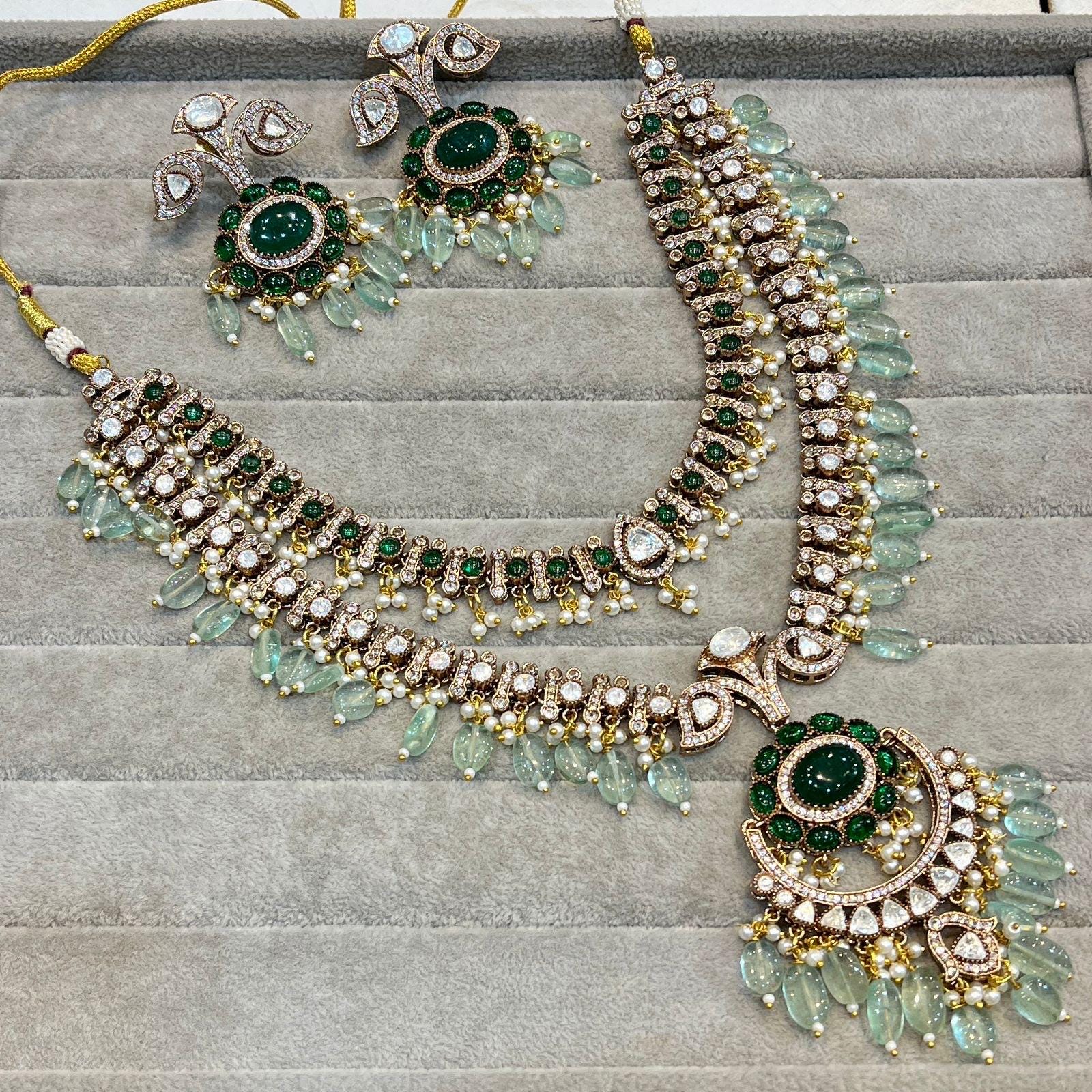 Royal Sabyasachi Inspired Ruby Red Emerald Green Two Layered Pendant Necklace With Earrings, Indian Pakistani Punjabi Wedding Jewelry Set