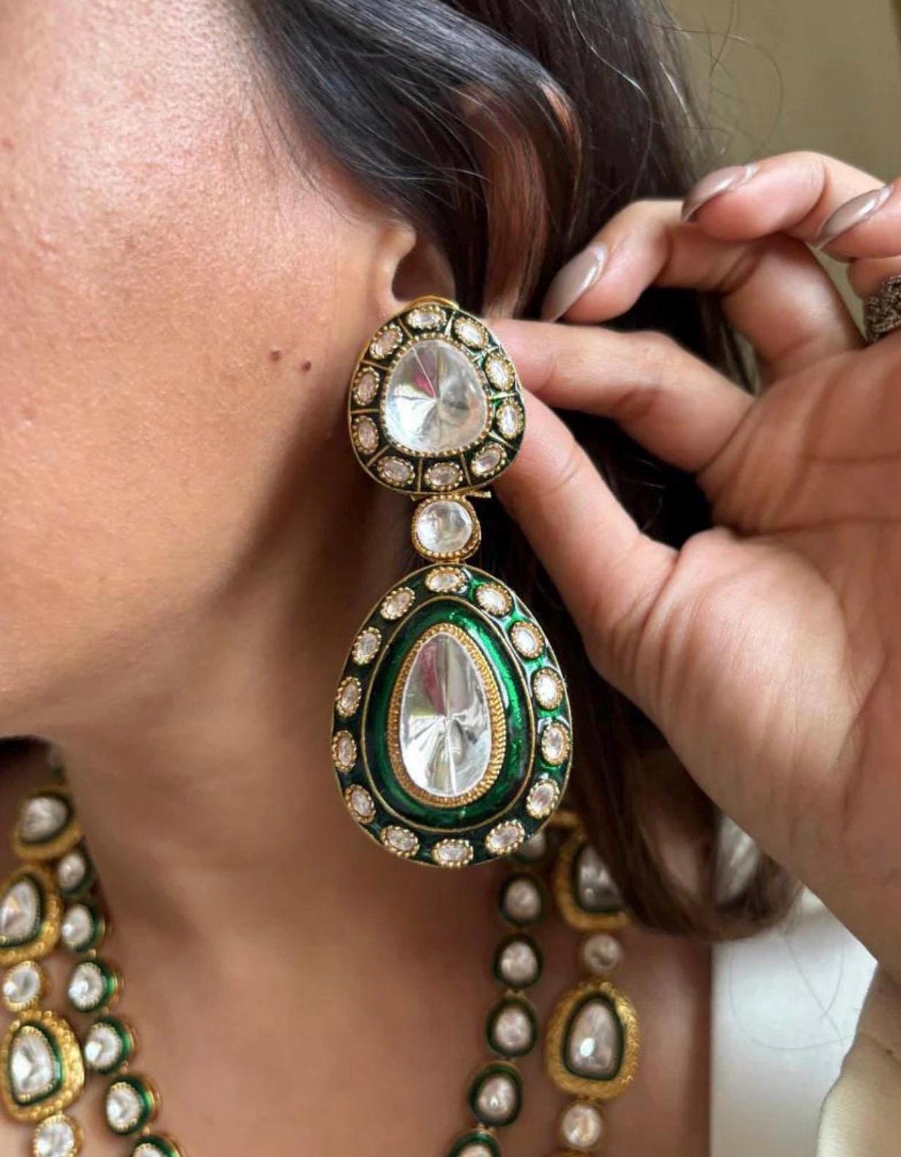 Royal Gold Plated Sabysachi Inspired Moissanite Faux Kundan Green Meenakari Necklace With Long Earrings  Indian Pakistani  Wedding Jewelry