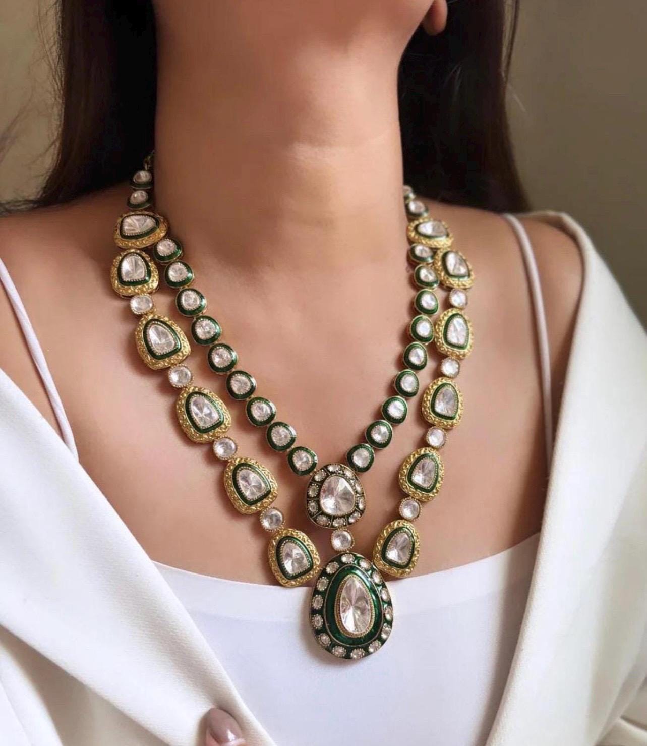 Royal Gold Plated Sabysachi Inspired Moissanite Faux Kundan Green Meenakari Necklace With Long Earrings  Indian Pakistani  Wedding Jewelry