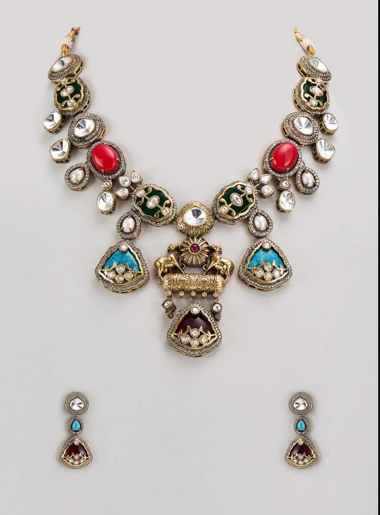 Premium Amrapali Inspired Victorian Gold Multi color Uncut Faux Polki Kundan Necklace With Earrings Indian Pakistani Designer Jewelry OOAK