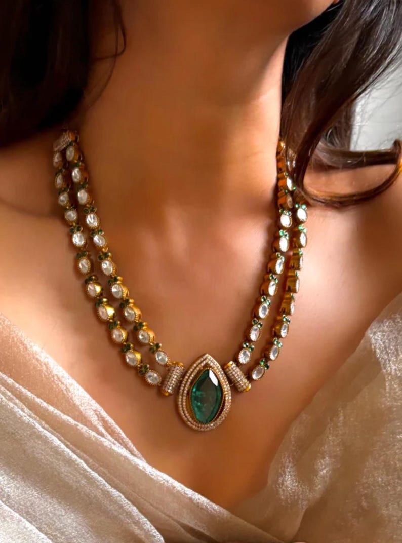 Gold Finish Emerald Green polki Doublet Stones Uncut Moissanite Polki Kundan Wedding Jewelry Necklace Set with Earings statment Jewelry