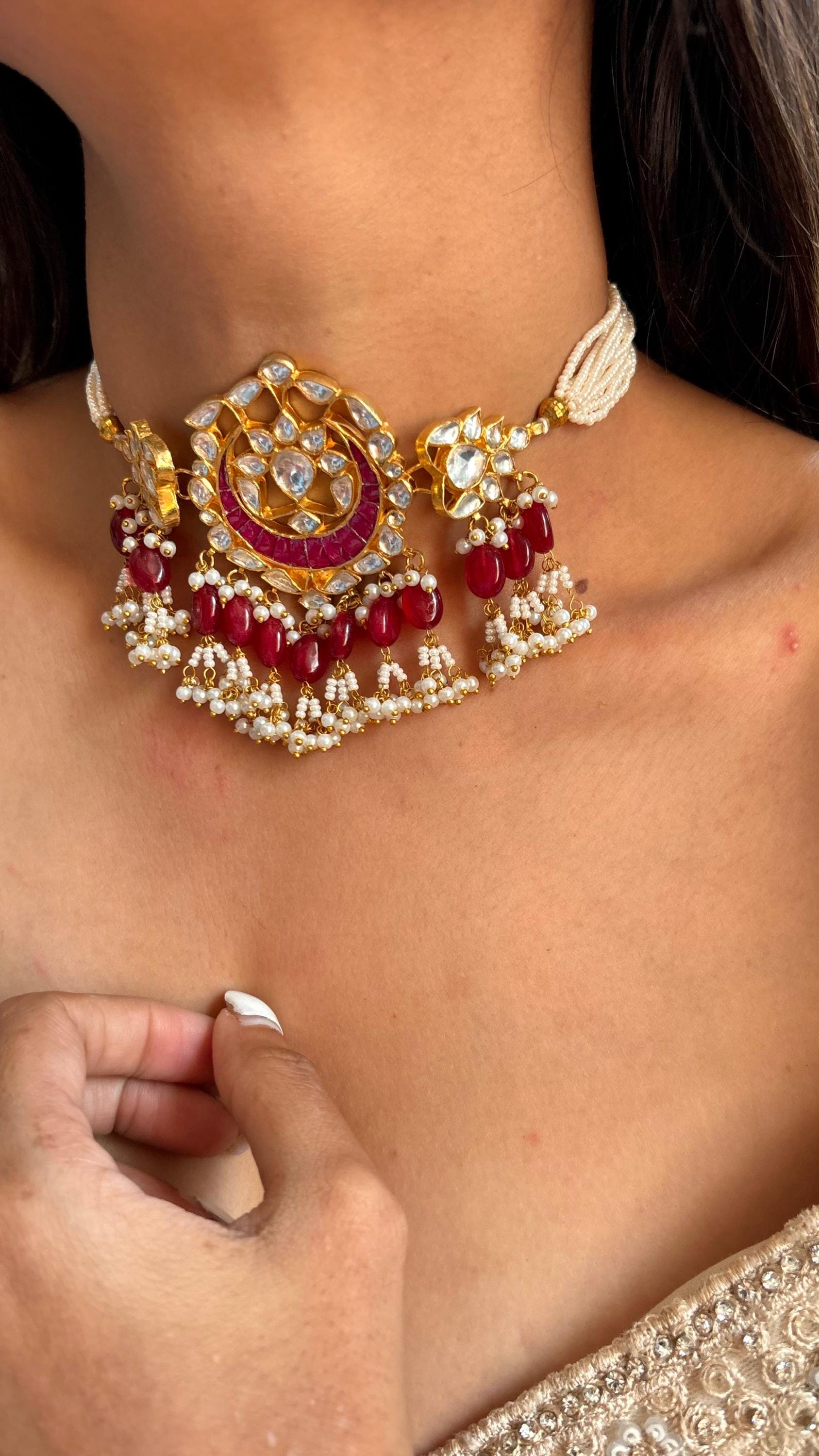 Ruby Pachi Kundan choker necklace with earrings/Indian wedding/Bridal jewelry