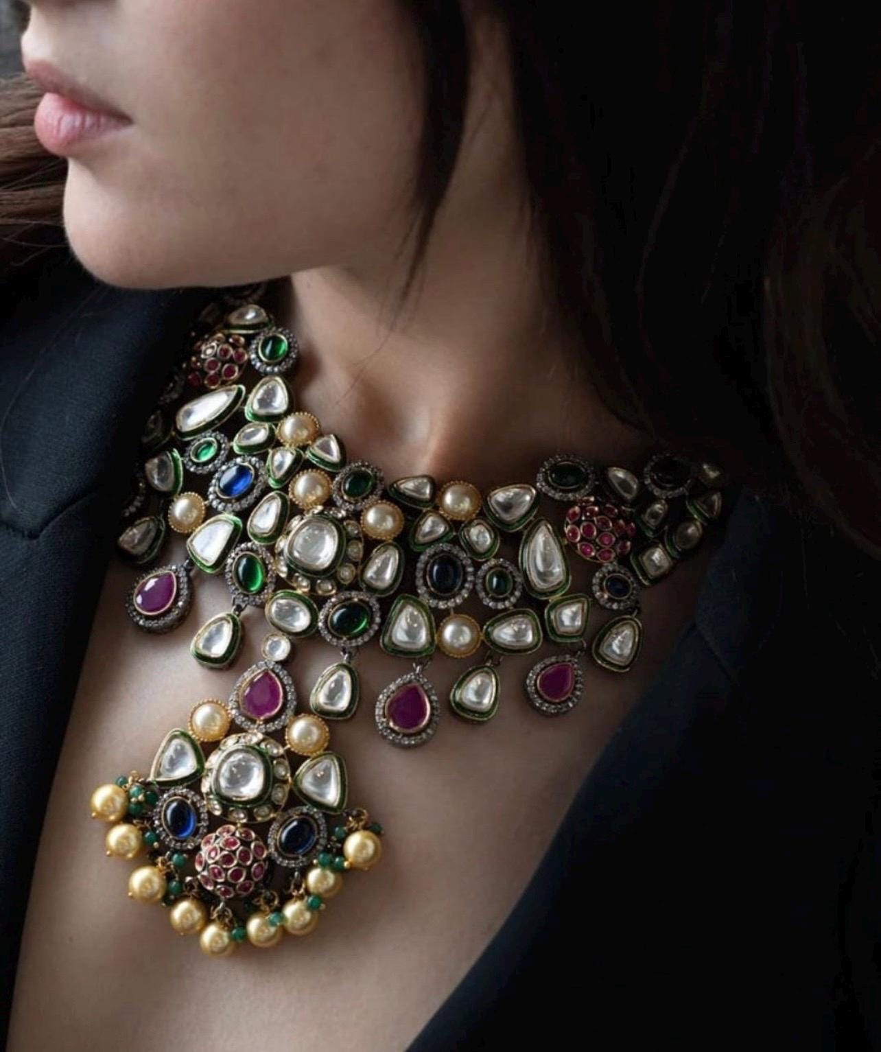 Sabyasachi Inspired Premium Victorian Fusion Uncut Polki Kundan Ruby Emerald Sapphire Pearl Statement Necklace set With Chaandbali Earrings