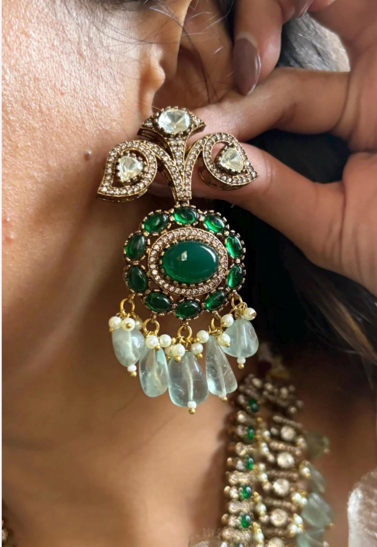 Royal Sabyasachi Inspired Ruby Red Emerald Green Two Layered Pendant Necklace With Earrings, Indian Pakistani Punjabi Wedding Jewelry Set