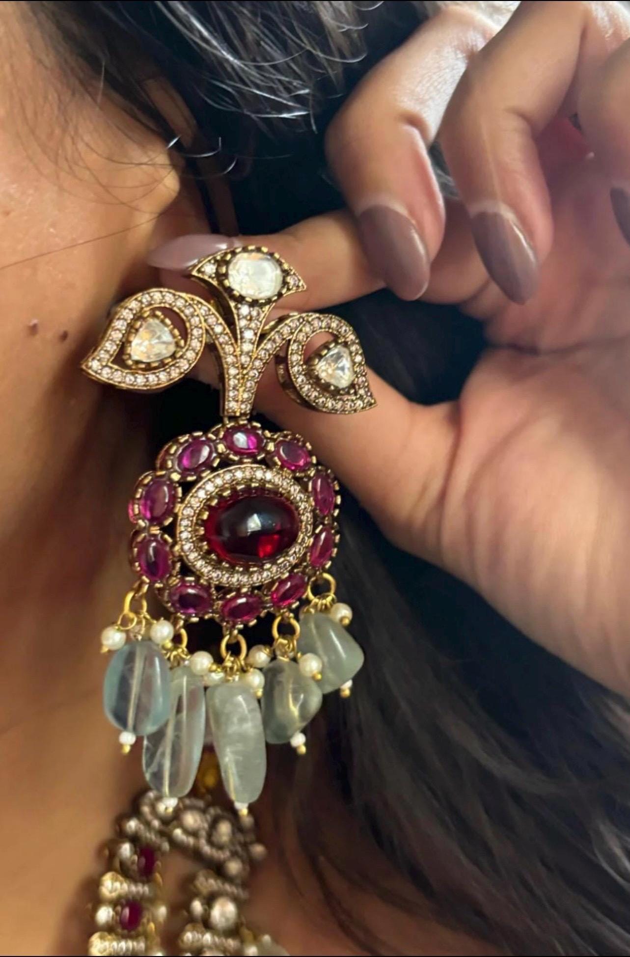 Royal Sabyasachi Inspired Ruby Red Emerald Green Two Layered Pendant Necklace With Earrings, Indian Pakistani Punjabi Wedding Jewelry Set