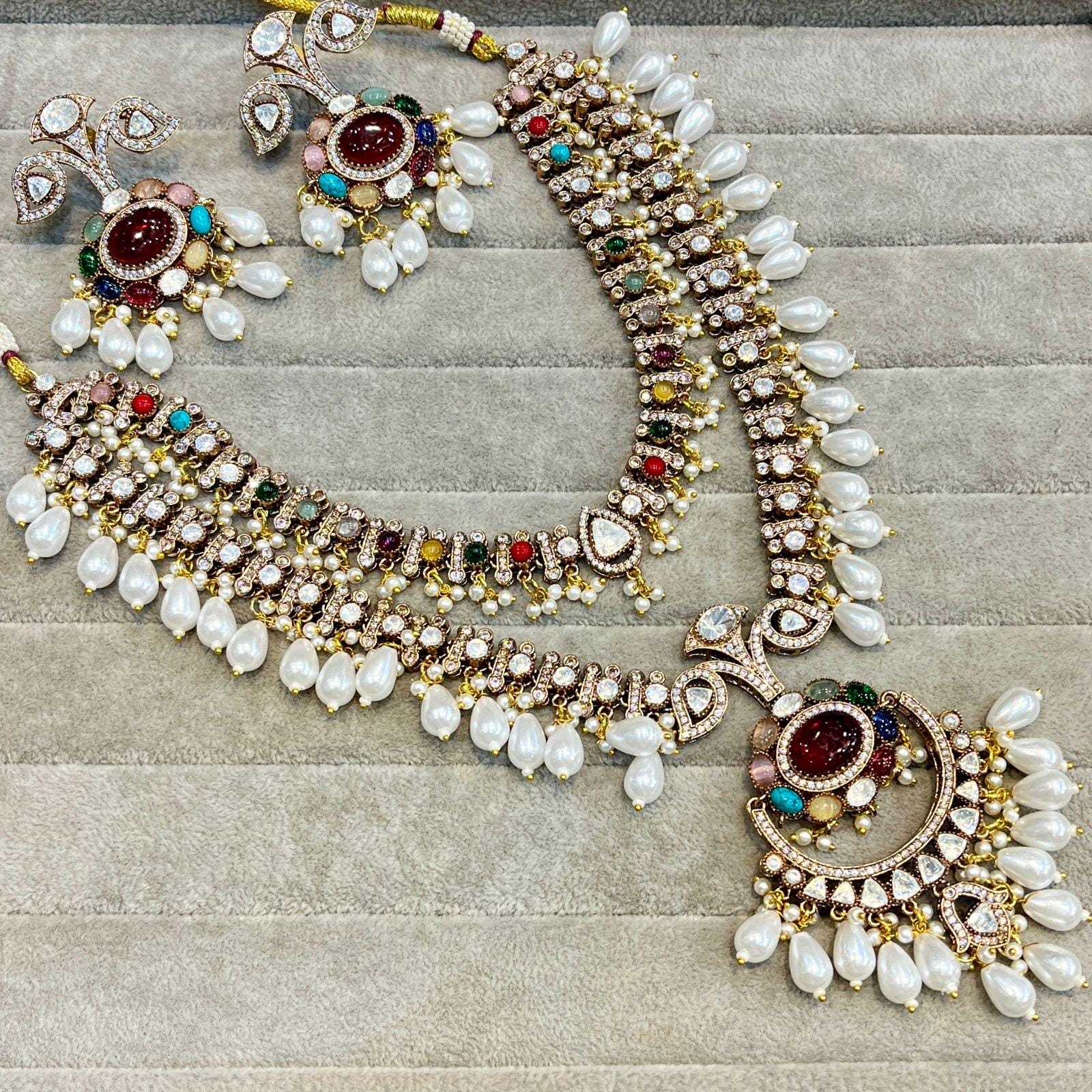 Royal Sabyasachi Inspired Ruby Red Emerald Green Two Layered Pendant Necklace With Earrings, Indian Pakistani Punjabi Wedding Jewelry Set