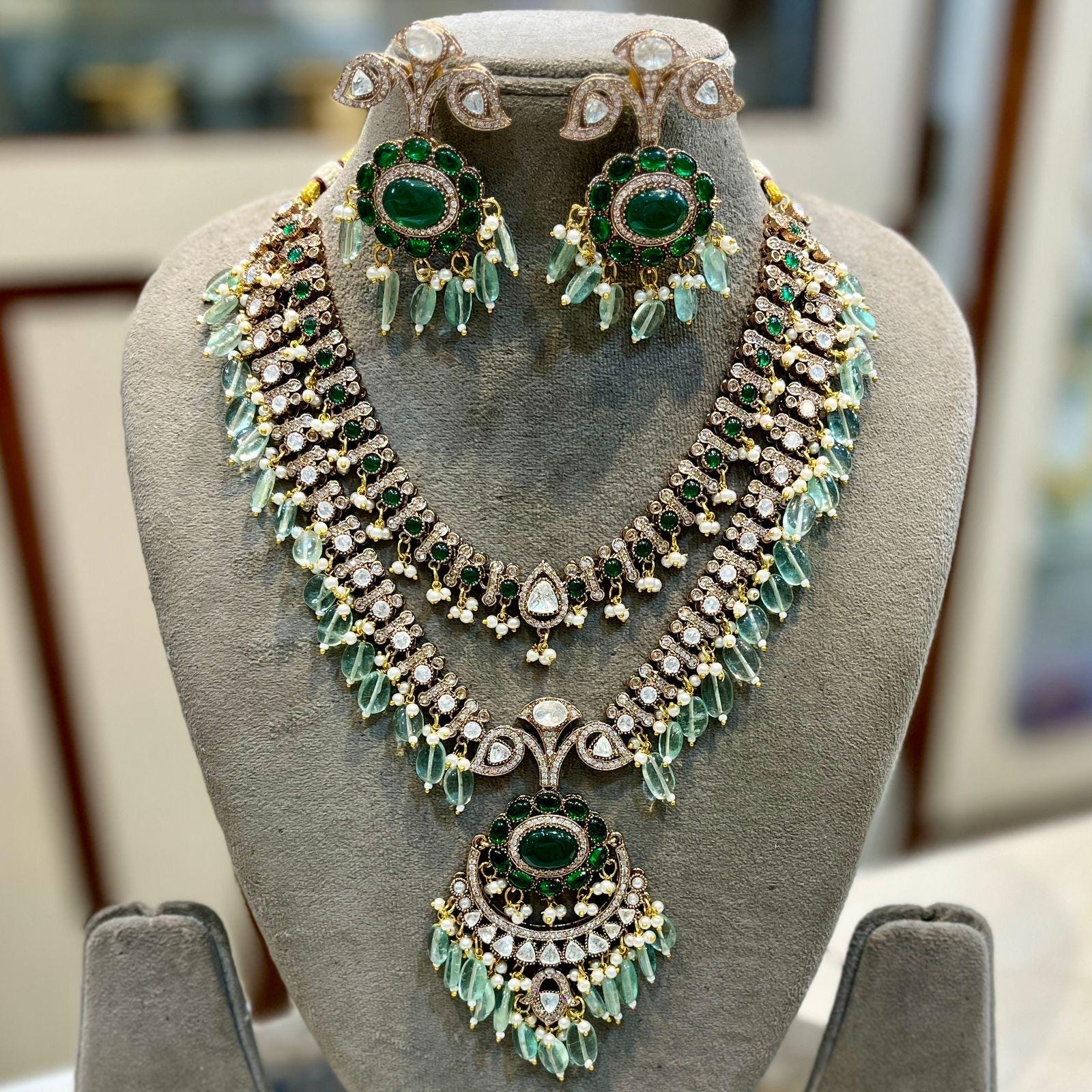 Royal Sabyasachi Inspired Ruby Red Emerald Green Two Layered Pendant Necklace With Earrings, Indian Pakistani Punjabi Wedding Jewelry Set