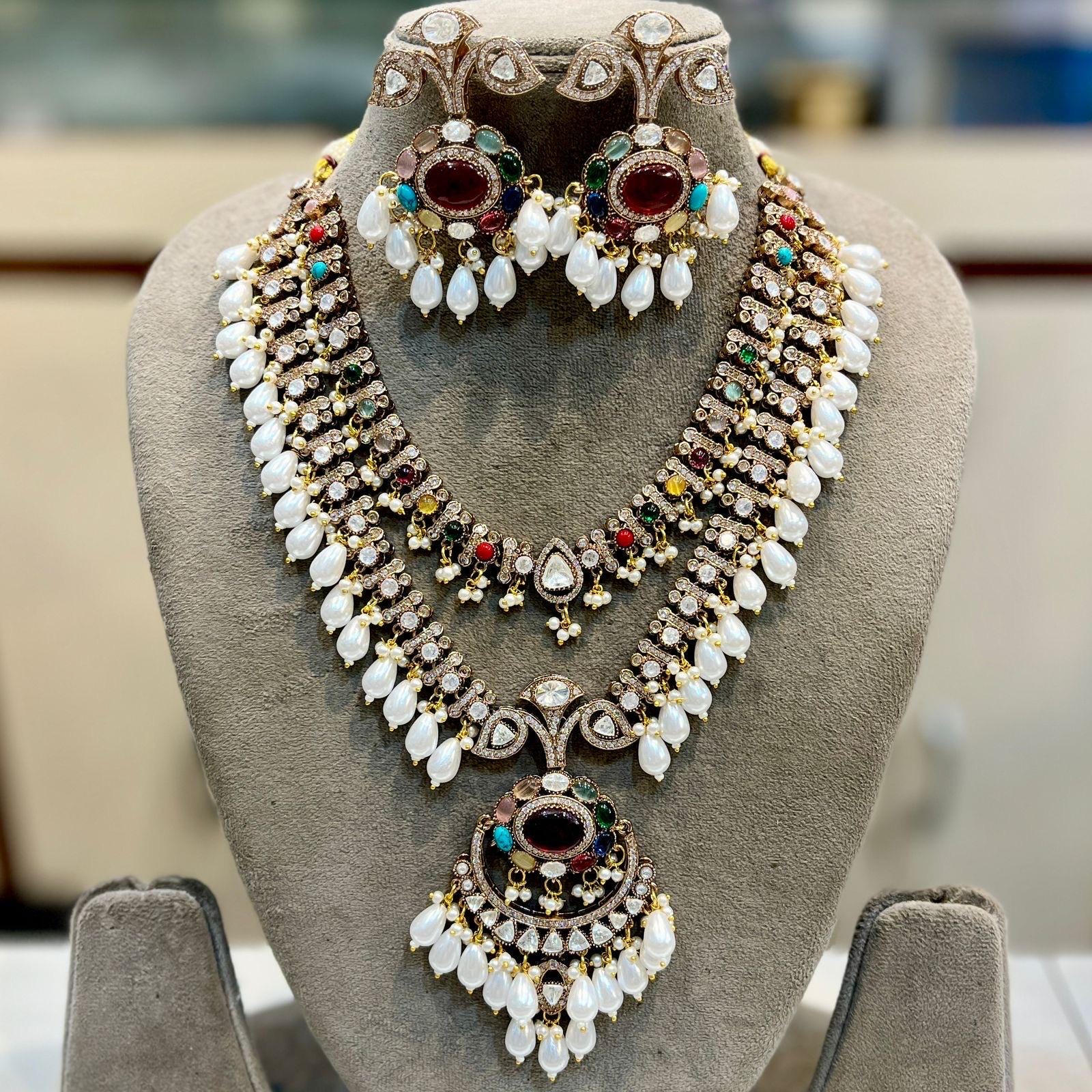 Royal Sabyasachi Inspired Ruby Red Emerald Green Two Layered Pendant Necklace With Earrings, Indian Pakistani Punjabi Wedding Jewelry Set