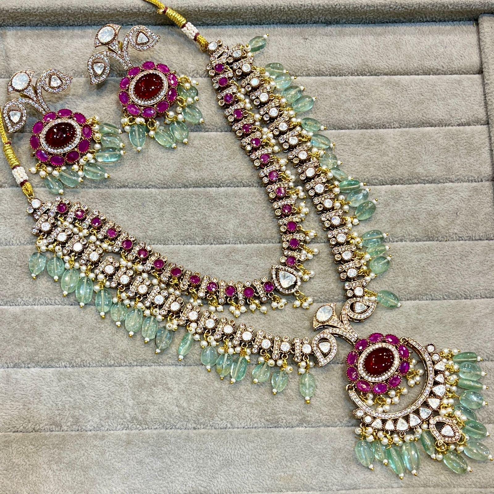 Royal Sabyasachi Inspired Ruby Red Emerald Green Two Layered Pendant Necklace With Earrings, Indian Pakistani Punjabi Wedding Jewelry Set