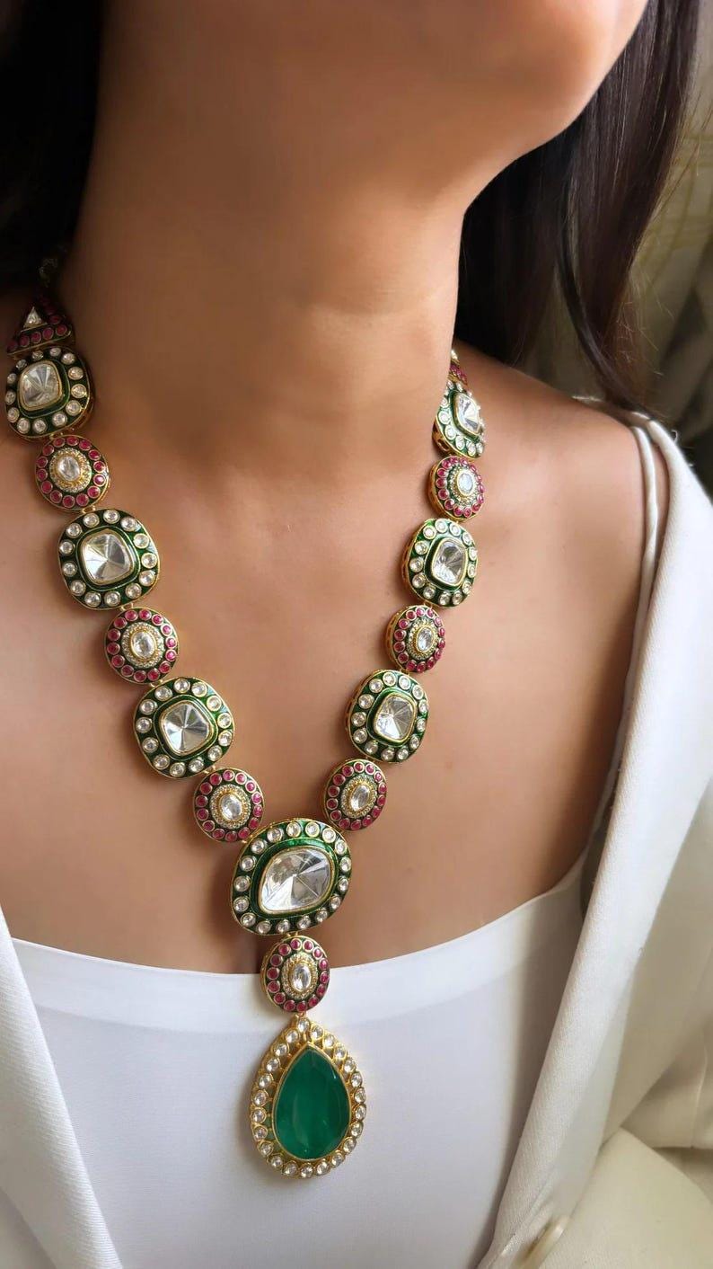 Premium Sabyasachi Inspired Long Victorian Kundan Indian Diamond Necklace Set
