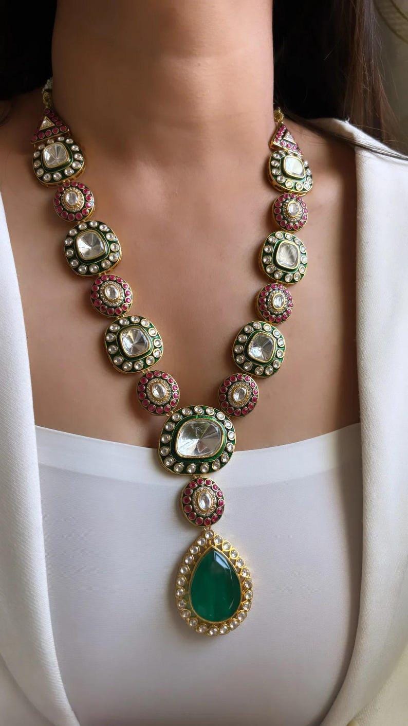 Premium Sabyasachi Inspired Long Victorian Kundan Indian Diamond Necklace Set