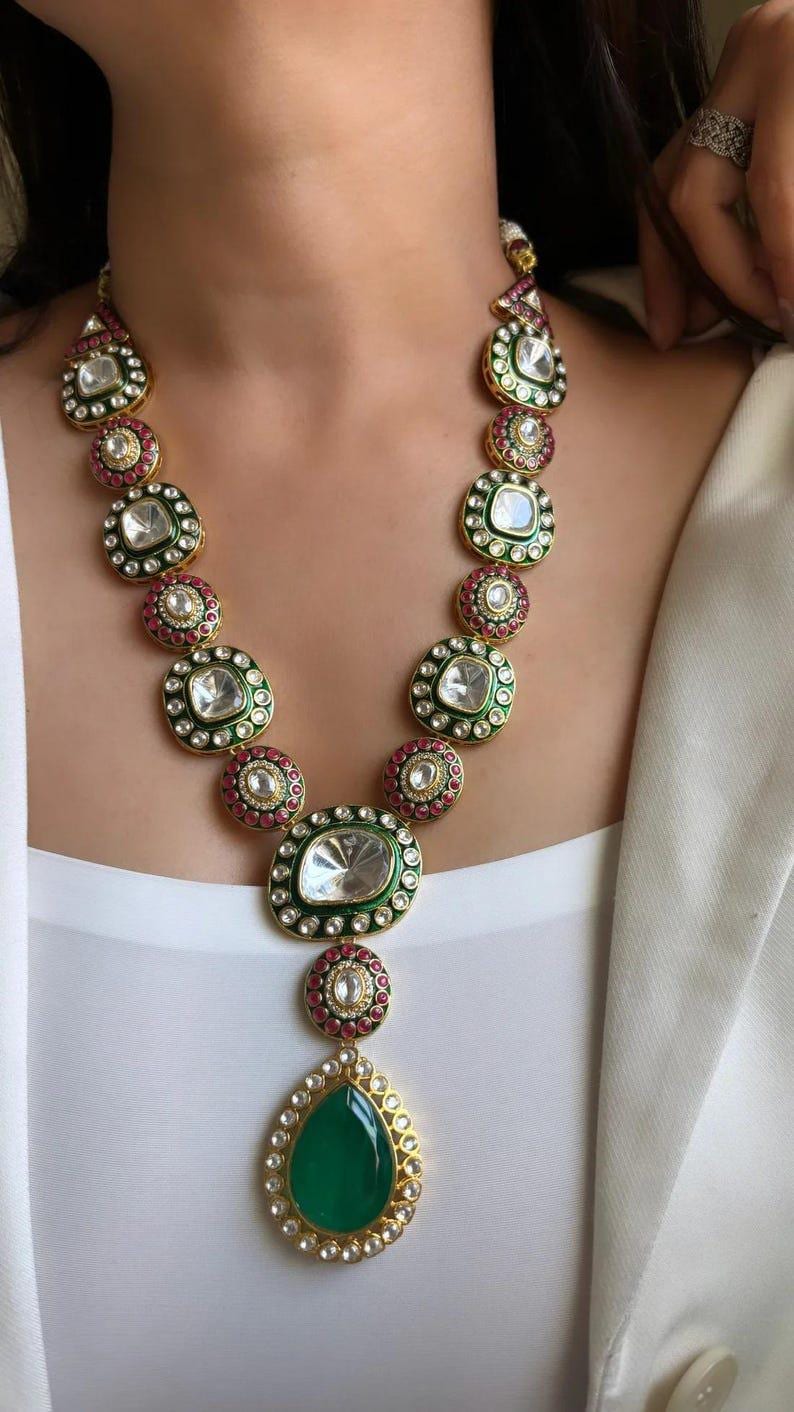 Premium Sabyasachi Inspired Long Victorian Kundan Indian Diamond Necklace Set