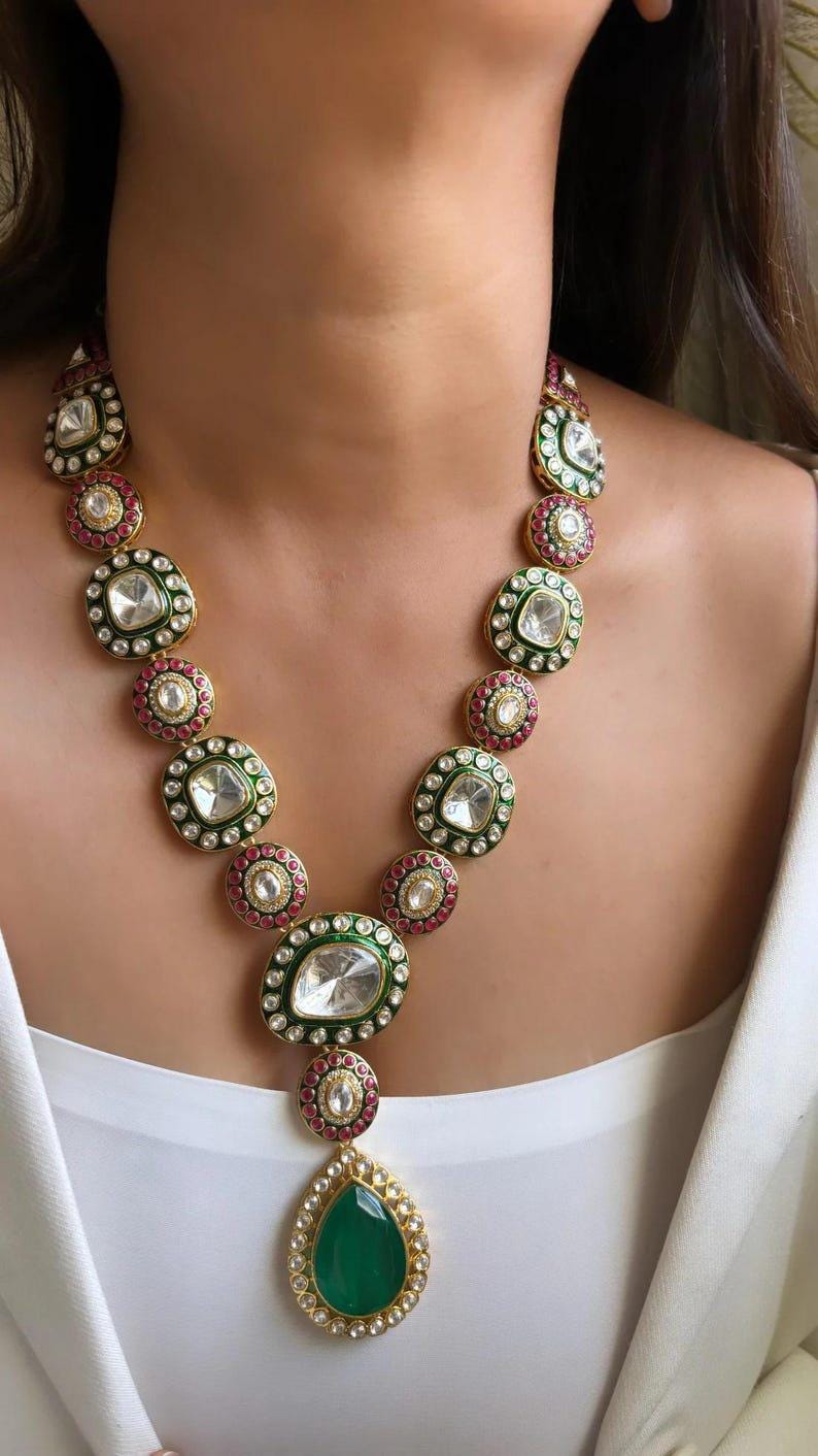 Premium Sabyasachi Inspired Long Victorian Kundan Indian Diamond Necklace Set