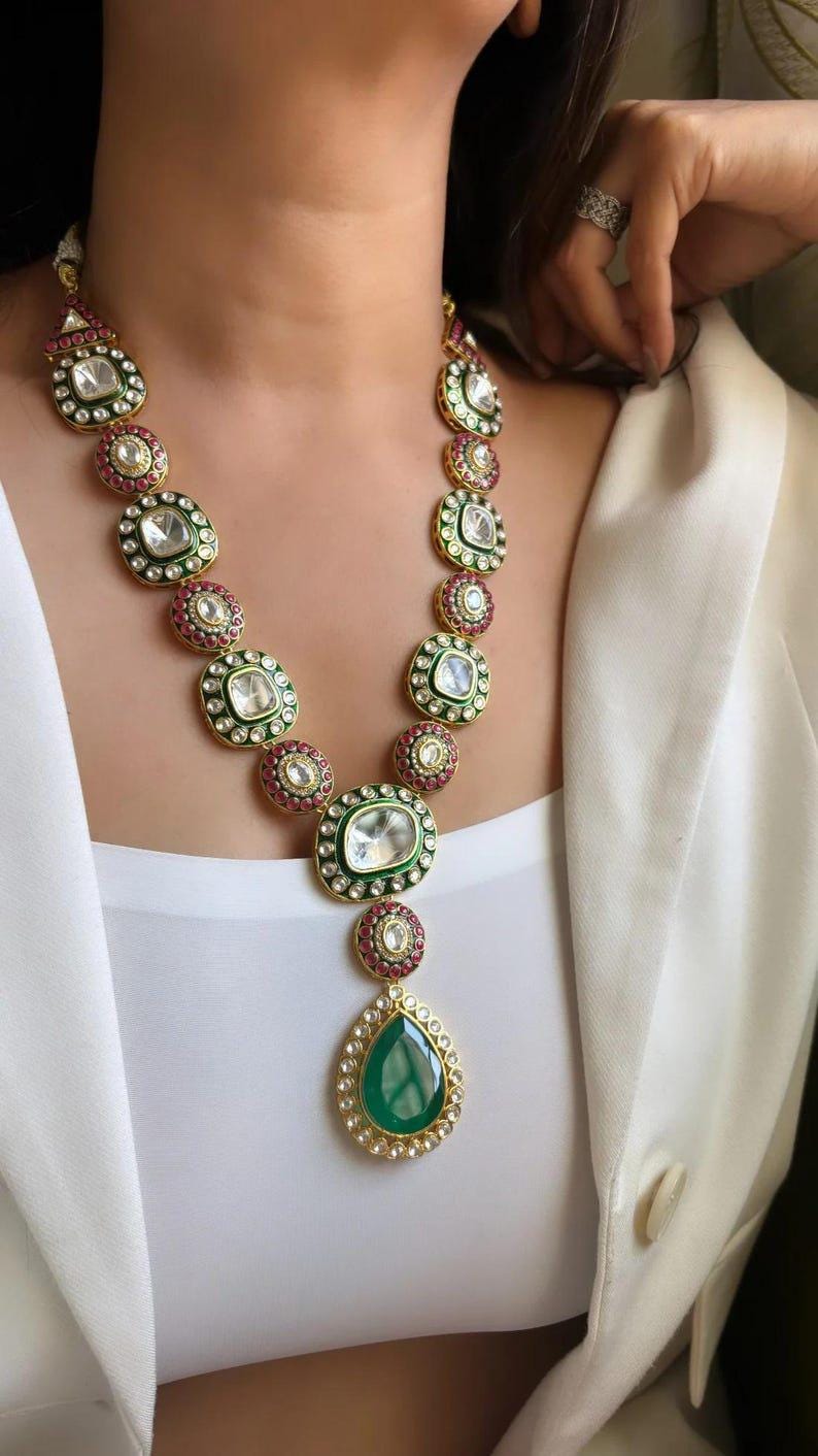 Premium Sabyasachi Inspired Long Victorian Kundan Indian Diamond Necklace Set