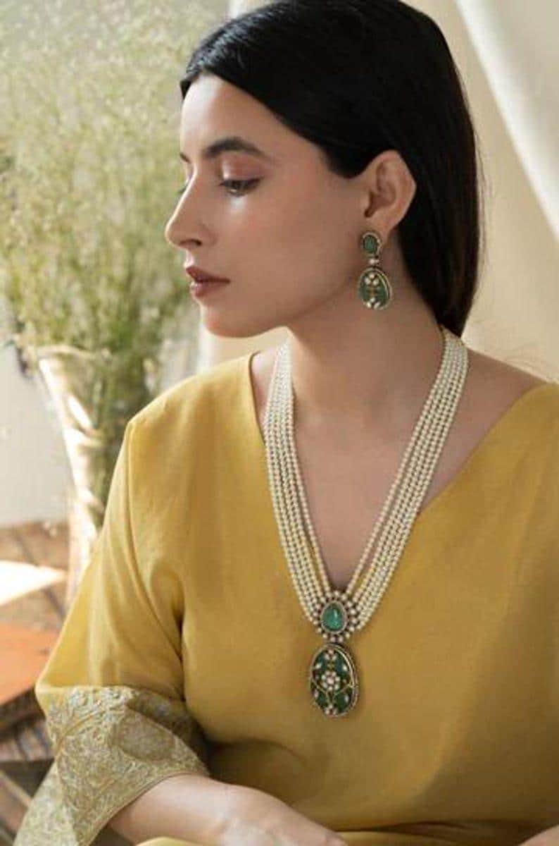 Pearl Long Raani Harr Mint Green Necklace Set Gold Plated Silver Indian Necklace Set