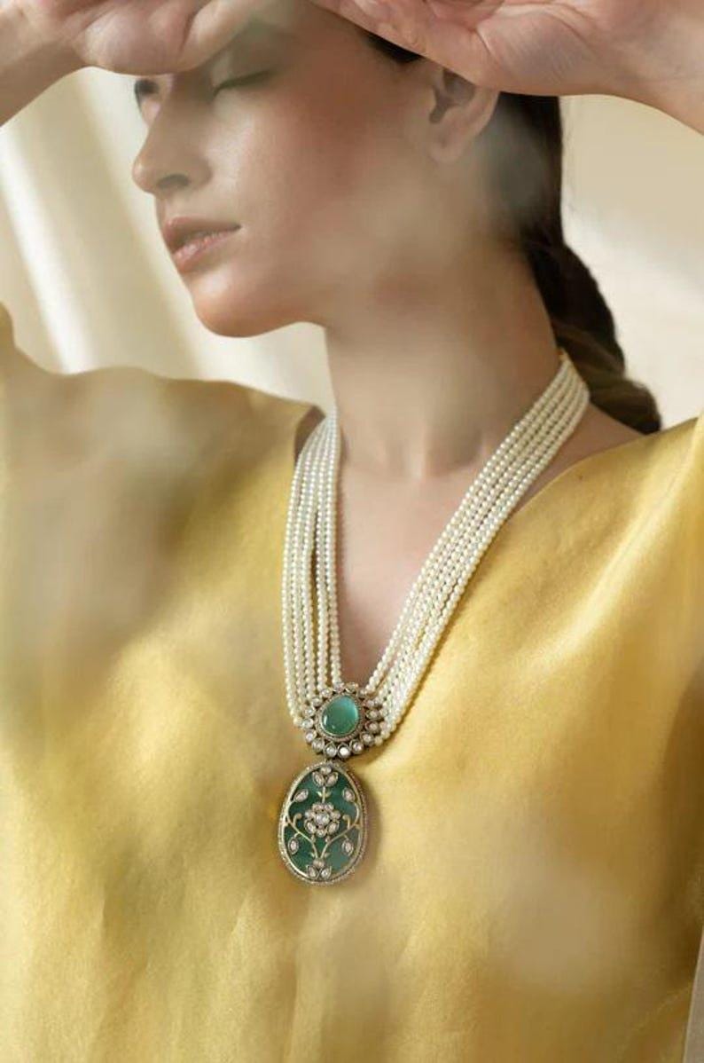 Pearl Long Raani Harr Mint Green Necklace Set Gold Plated Silver Indian Necklace Set