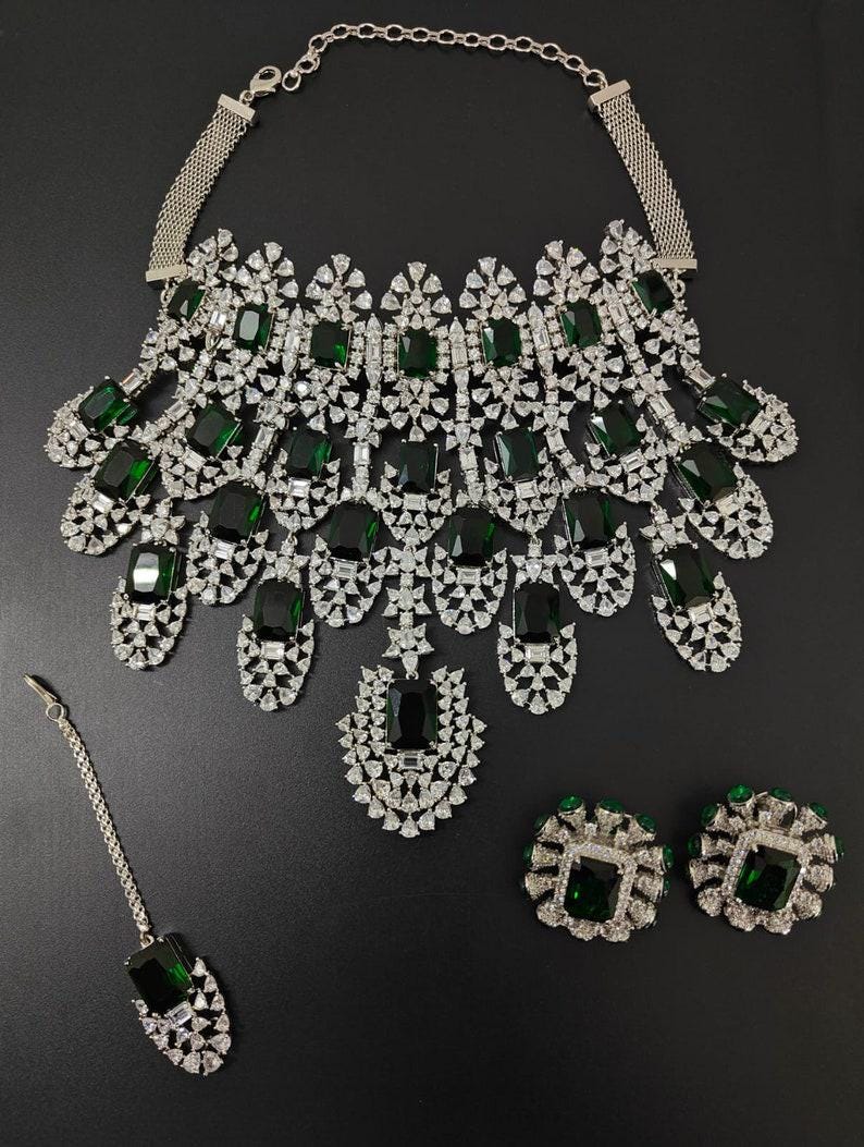 High Quality Bollywood Kiara Advani Bridal Indian Emerald Wedding Imitation Set, Beautiful American Diamond Cz Design Manish Malhotra
