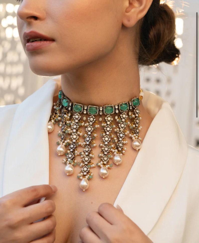 Polki Kundan Pearl Choker, Sabyasachi Designer necklace, Bollywood, Indian set mint victorian  Jewelry for Wedding,bridal jewelry