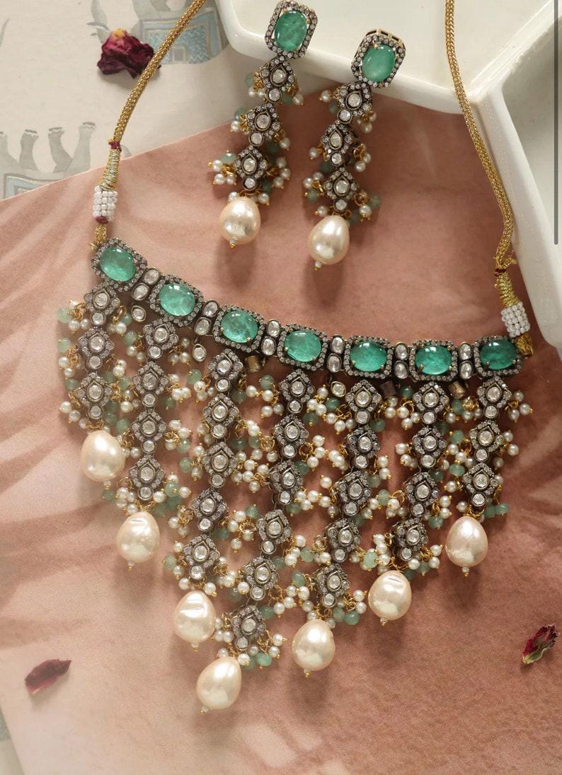Polki Kundan Pearl Choker, Sabyasachi Designer necklace, Bollywood, Indian set mint victorian  Jewelry for Wedding,bridal jewelry