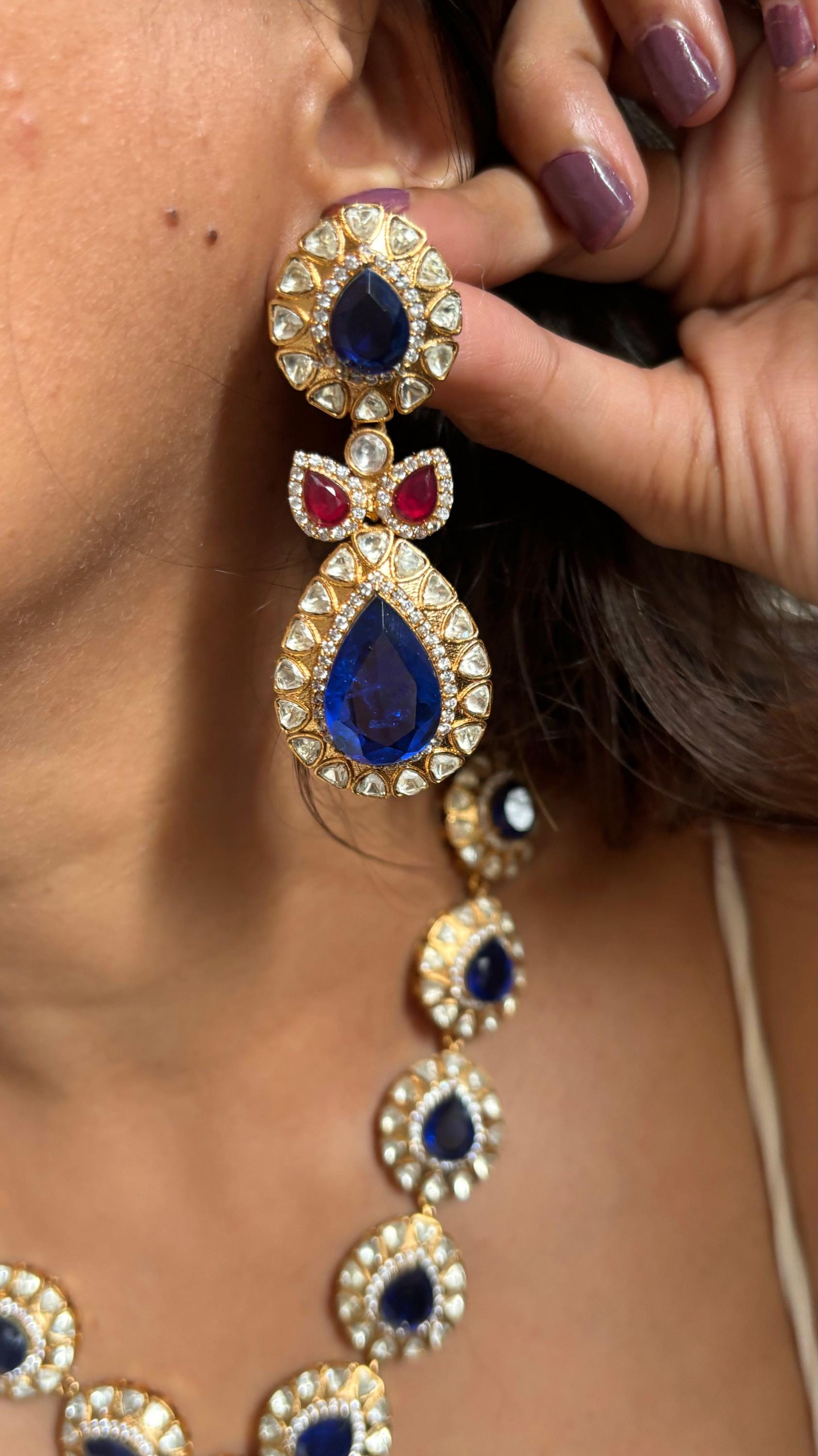 Sabyasachi Inspired  Sapphire and Ruby Designer Indian Kundan Set/Customizable Kundan Bridal Sets/Royal Kundan Sets
