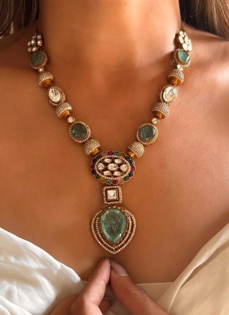 Inspired Long Antique Victorian Gold Uncut Moissanite Polki Emerald Green Mint Necklace premium kundan set with Earrings Indian