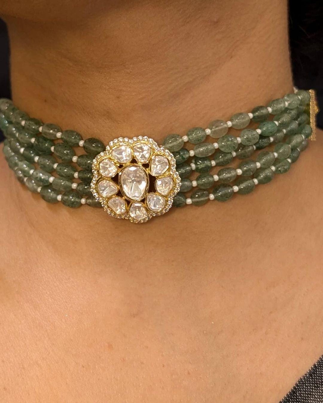 Premium Quality Moissanite Green Kundan Choker Set/Indian Choker Set/Onyx beads Moissanite Polki Indian Necklace Set