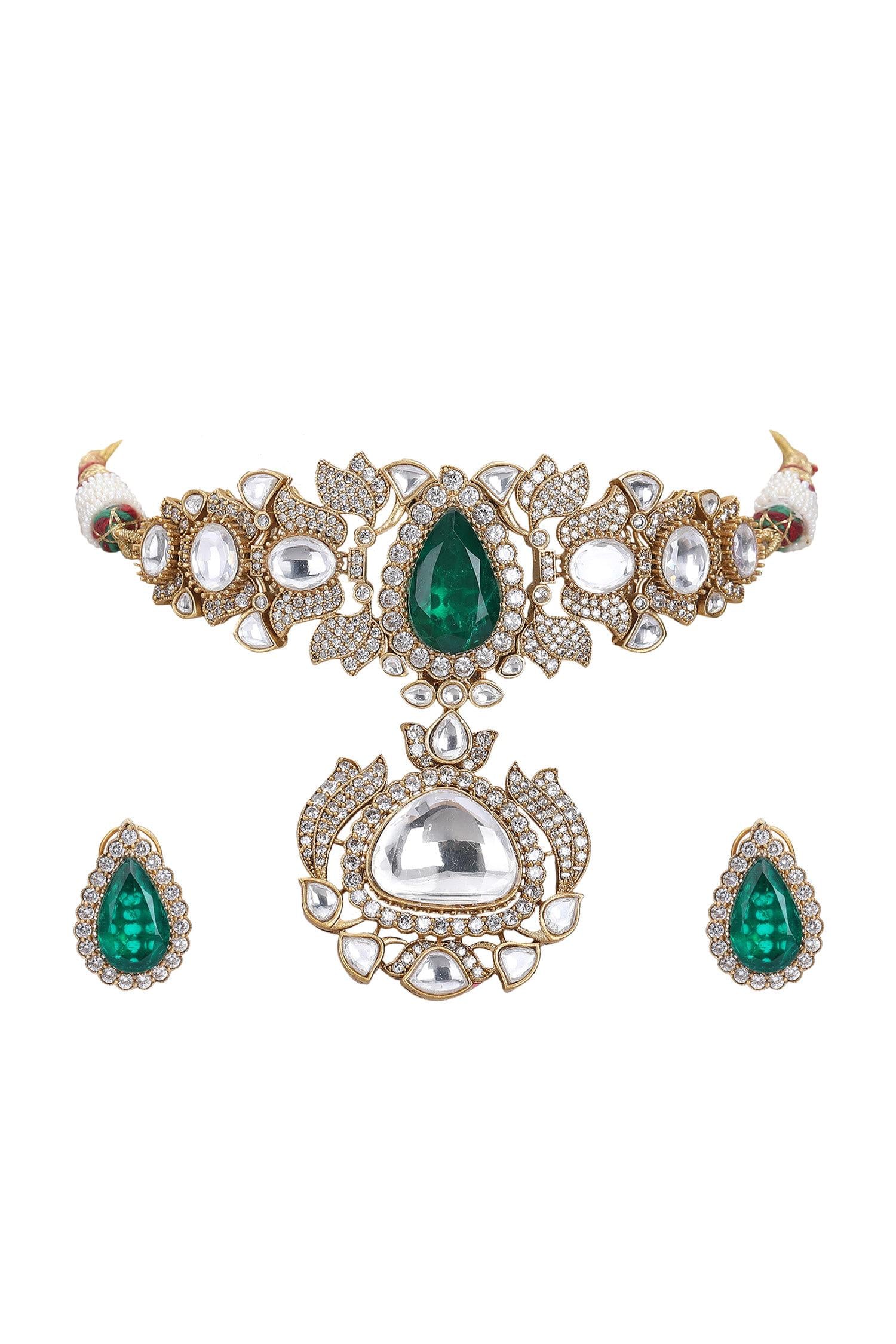 Green Kundan Embellished Pendant Choker Set/ Artificial Jewelry Set/ Indian Bridal Set/ Kundan Necklace Set