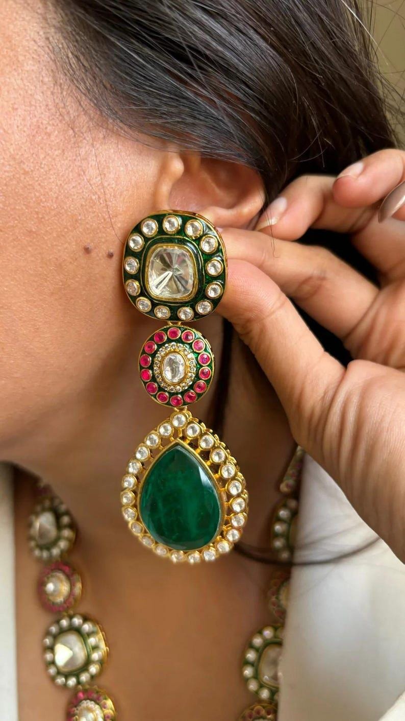 Premium Sabyasachi Inspired Long Victorian Kundan Indian Diamond Necklace Set