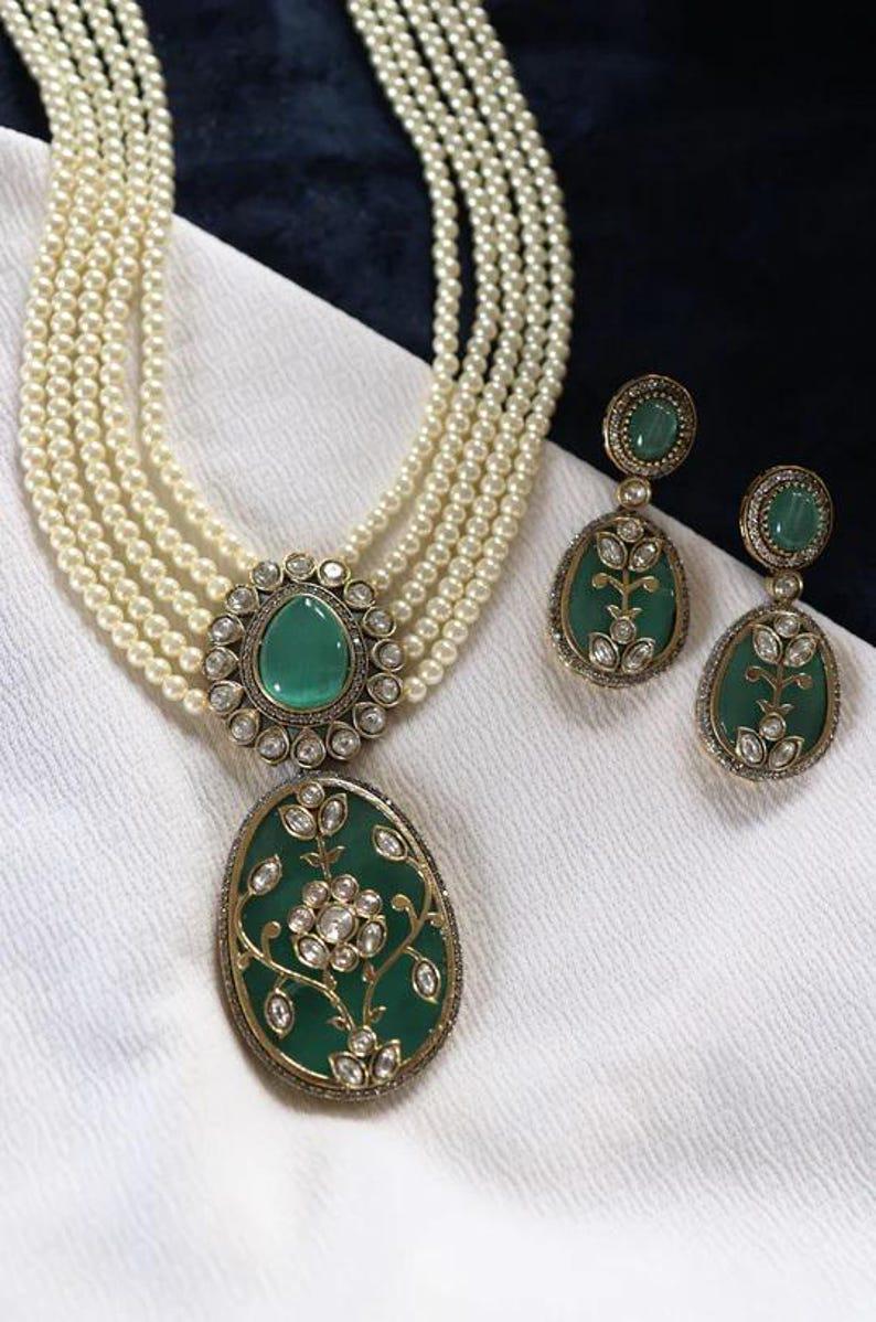 Pearl Long Raani Harr Mint Green Necklace Set Gold Plated Silver Indian Necklace Set