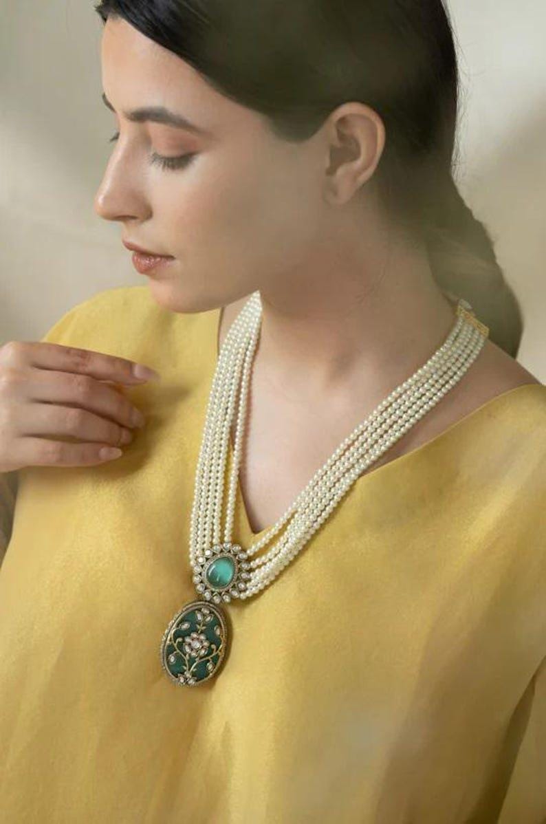 Pearl Long Raani Harr Mint Green Necklace Set Gold Plated Silver Indian Necklace Set
