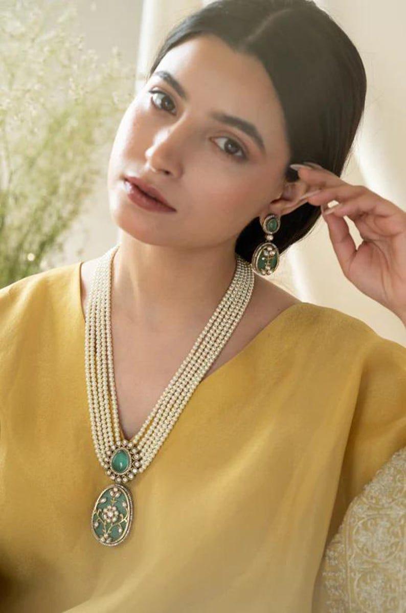 Pearl Long Raani Harr Mint Green Necklace Set Gold Plated Silver Indian Necklace Set