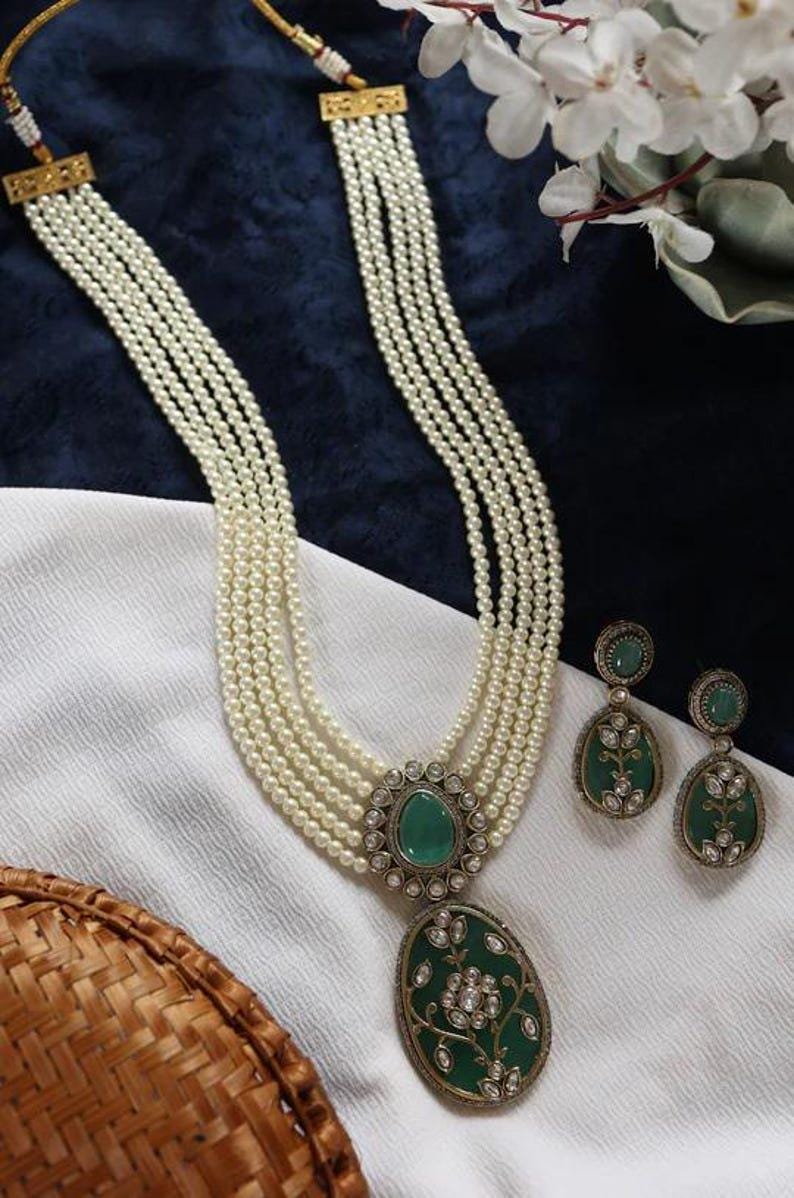 Pearl Long Raani Harr Mint Green Necklace Set Gold Plated Silver Indian Necklace Set