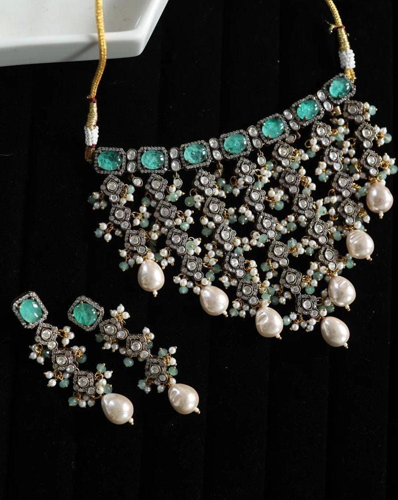 Polki Kundan Pearl Choker, Sabyasachi Designer necklace, Bollywood, Indian set mint victorian  Jewelry for Wedding,bridal jewelry