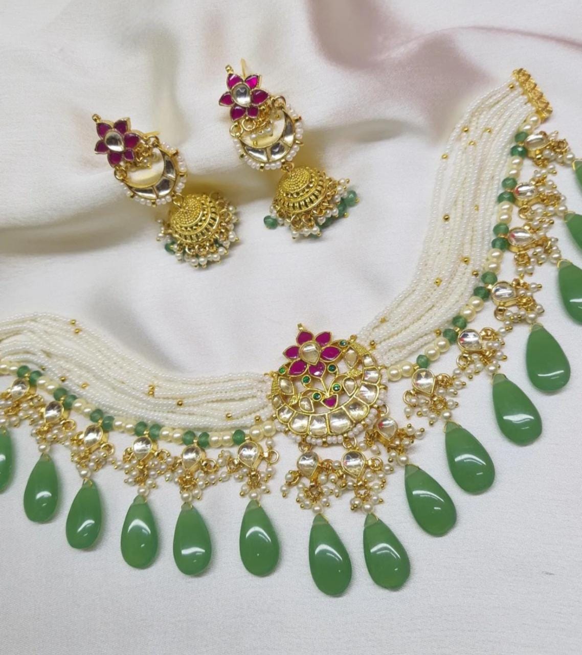 pachi kundan necklace set with earrings and tikka/ pachi kundan jewellery set